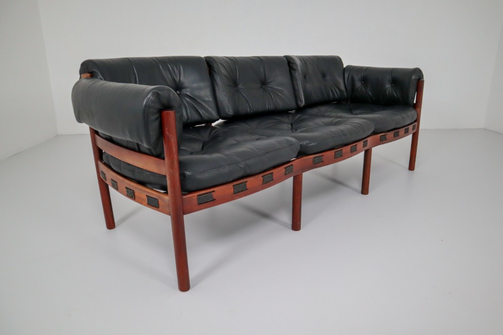 Midcentury Three-Seat Sofa in Rosewood and Leather by Arne Norell, Sweden, 1960