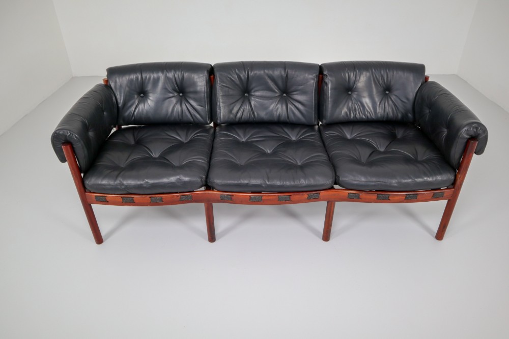Midcentury Three-Seat Sofa in Rosewood and Leather by Arne Norell, Sweden, 1960