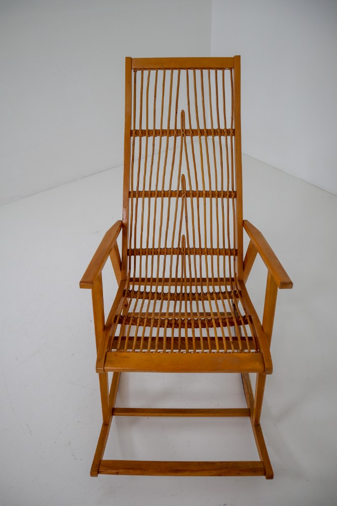 Midcentury Vintage Rocking Chair in Beechwood and Straw, Germany, 1960s