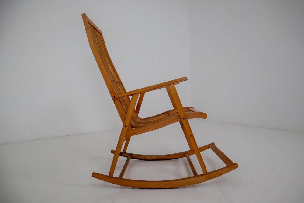 Midcentury Vintage Rocking Chair in Beechwood and Straw, Germany, 1960s