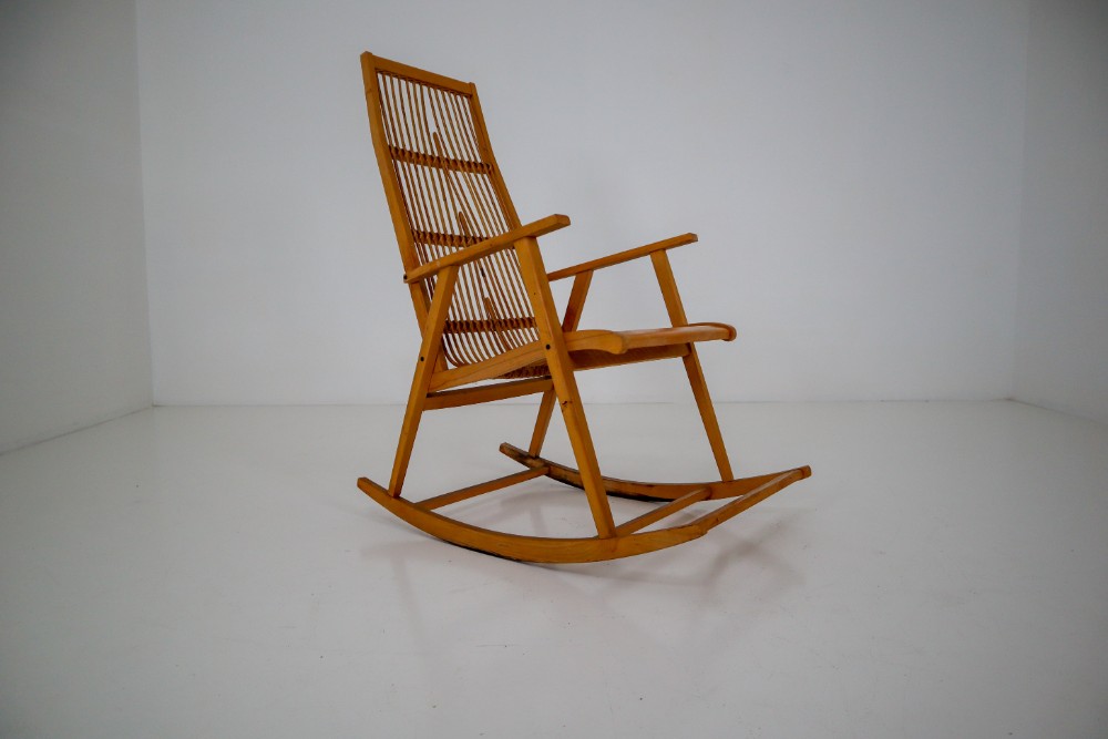 Midcentury Vintage Rocking Chair in Beechwood and Straw, Germany, 1960s