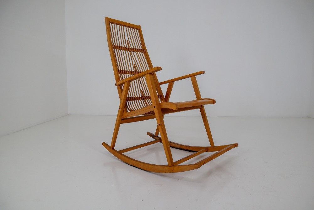 Midcentury Vintage Rocking Chair in Beechwood and Straw, Germany, 1960s