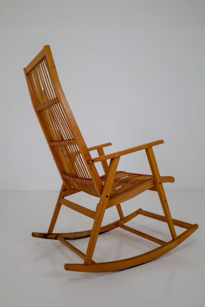 Midcentury Vintage Rocking Chair in Beechwood and Straw, Germany, 1960s
