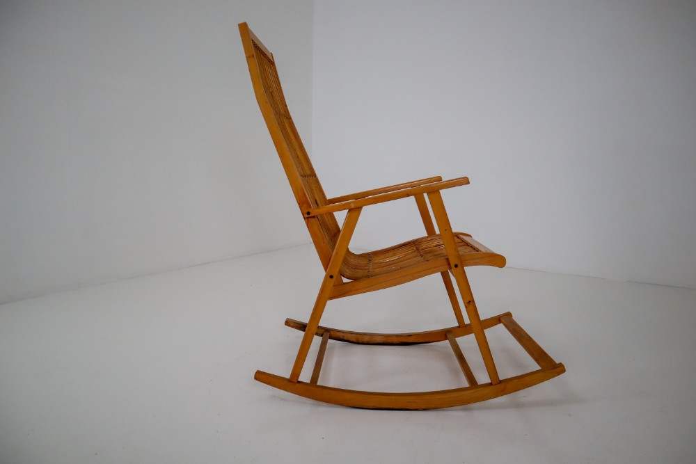 Midcentury Vintage Rocking Chair in Beechwood and Straw, Germany, 1960s