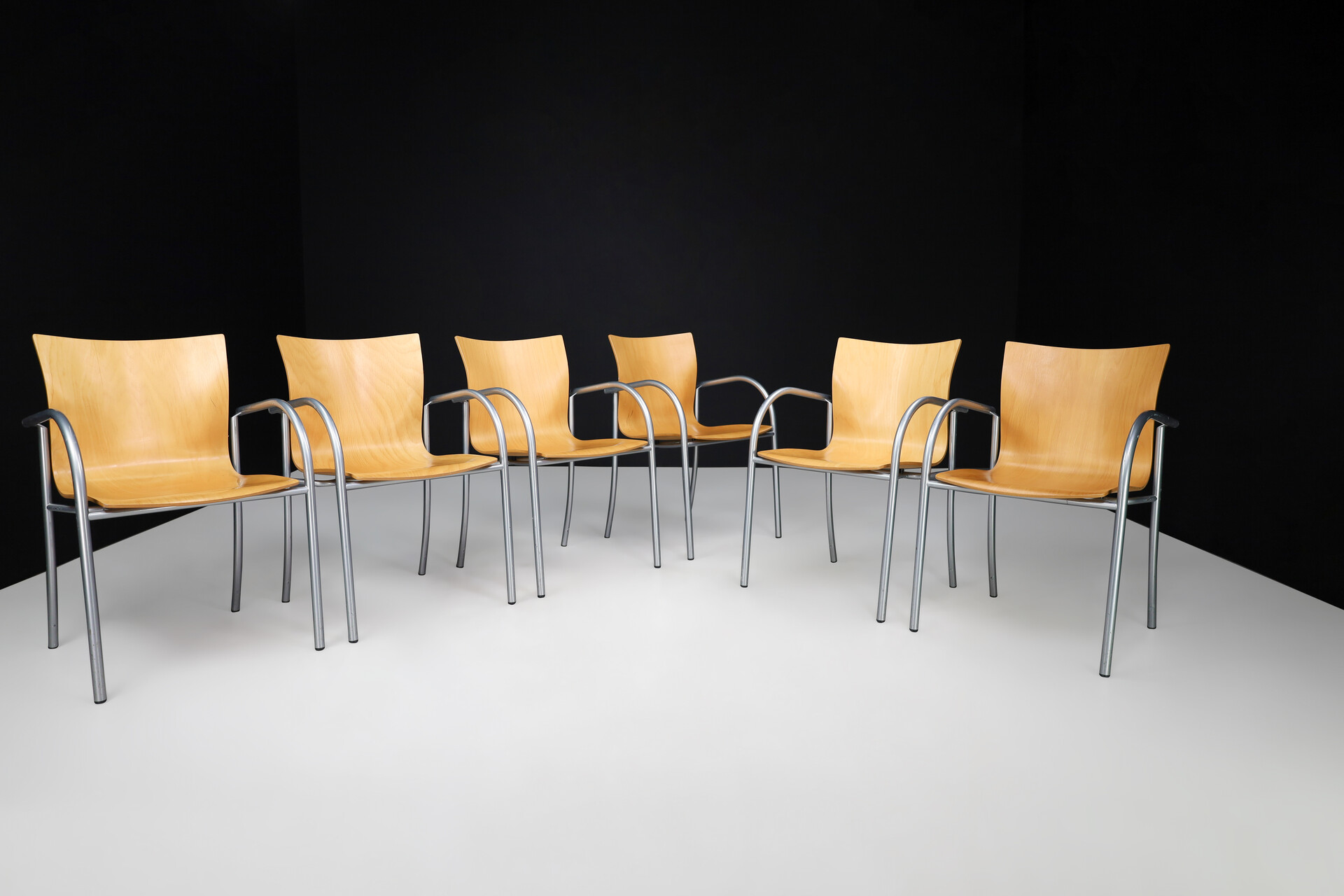 Modern CAR Katwijk curved plywood and steel armchairs, The netherlands Mid-20th century