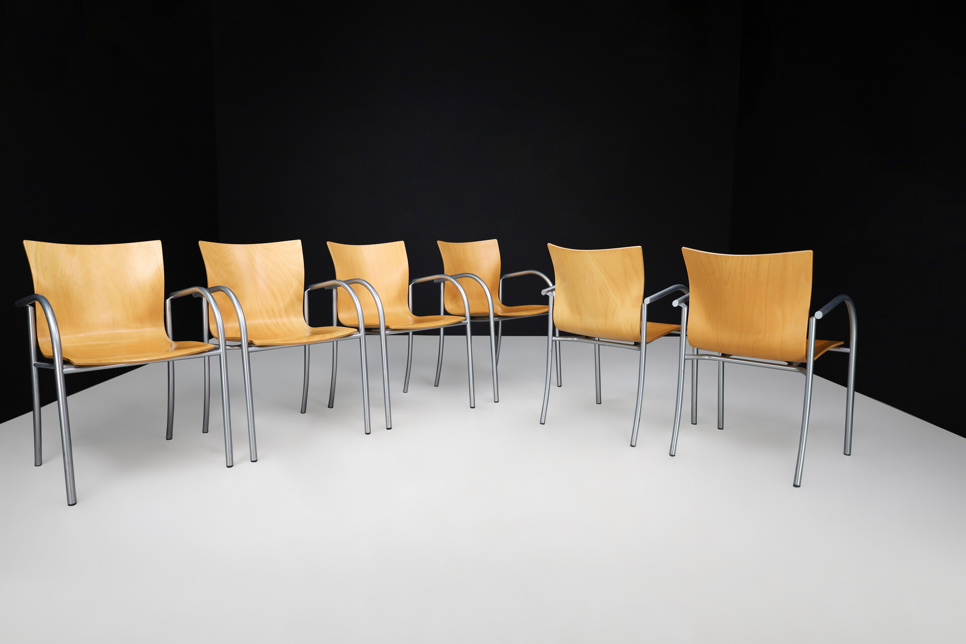 Modern CAR Katwijk curved plywood and steel armchairs, The netherlands Mid-20th century