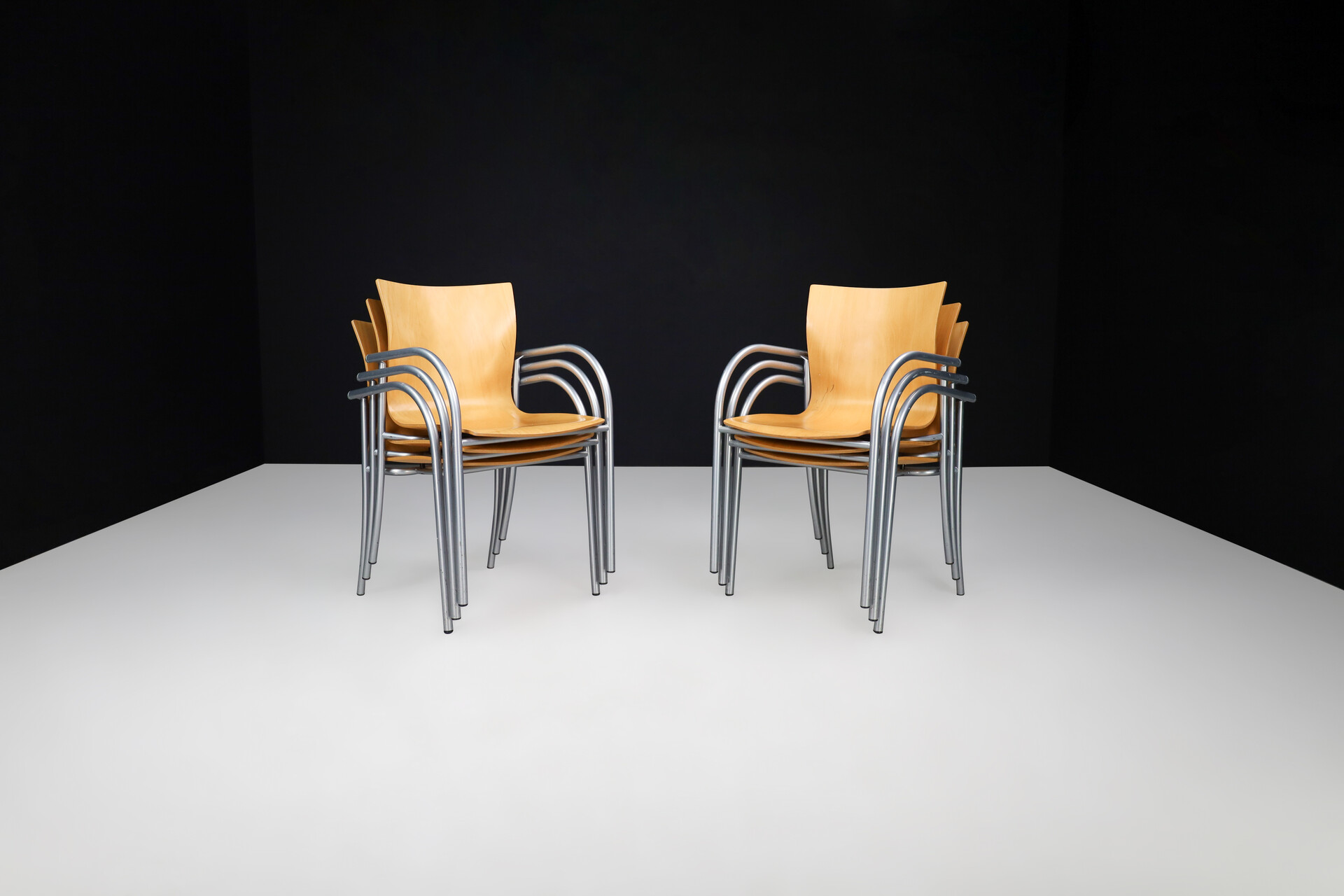 Modern CAR Katwijk curved plywood and steel armchairs, The netherlands Mid-20th century