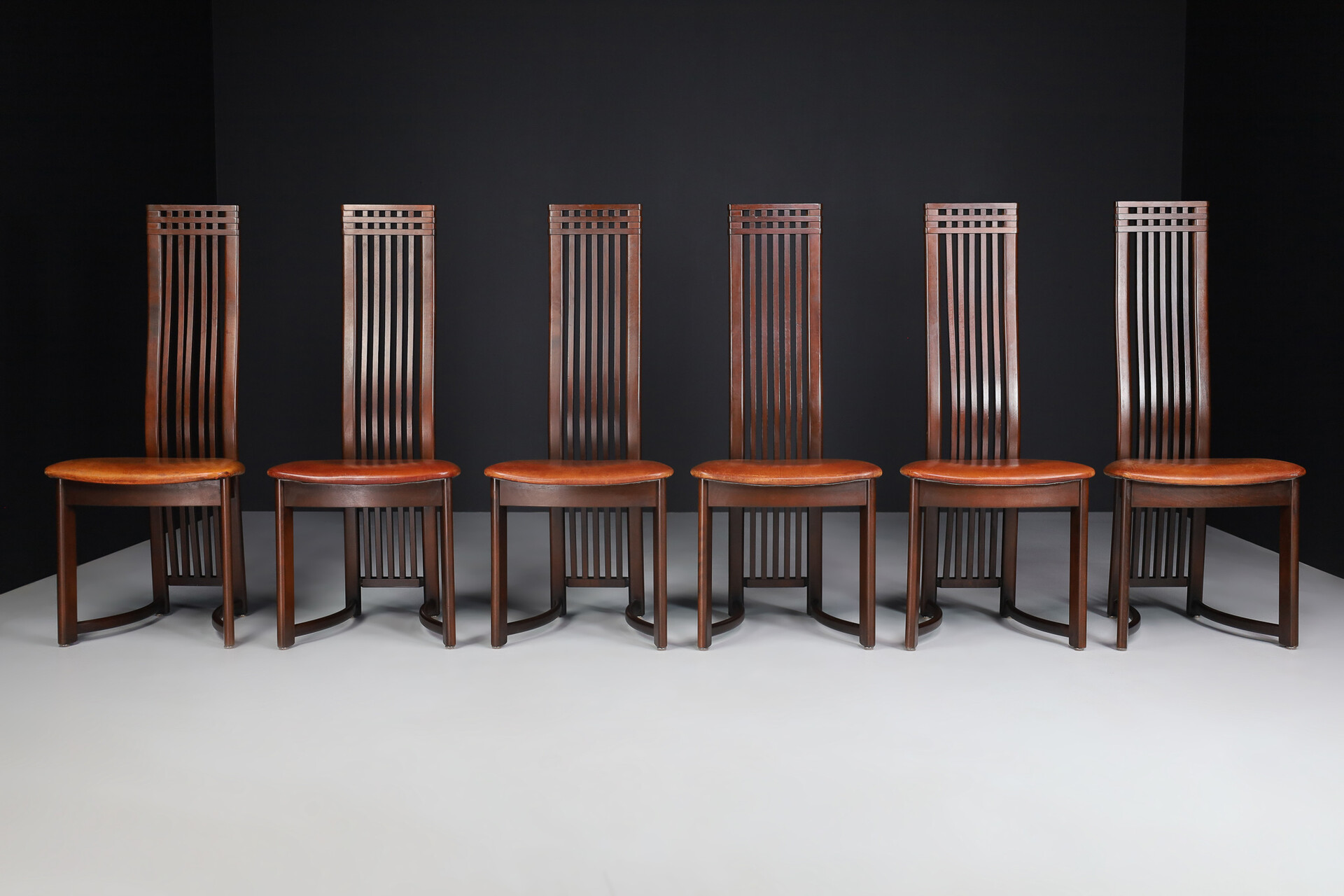 Modern Mahogany and cognac leather high back chairs , Italy 1970s Mid-20th century