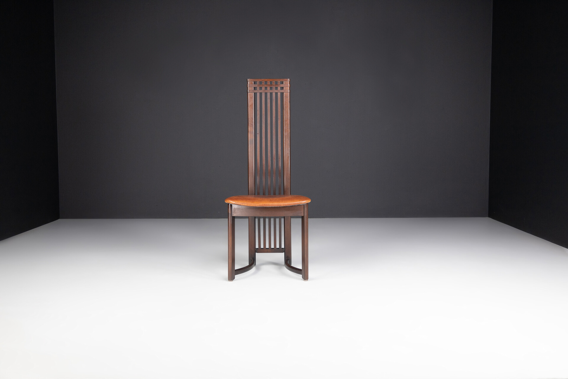 Modern Mahogany and cognac leather high back chairs , Italy 1970s Mid-20th century