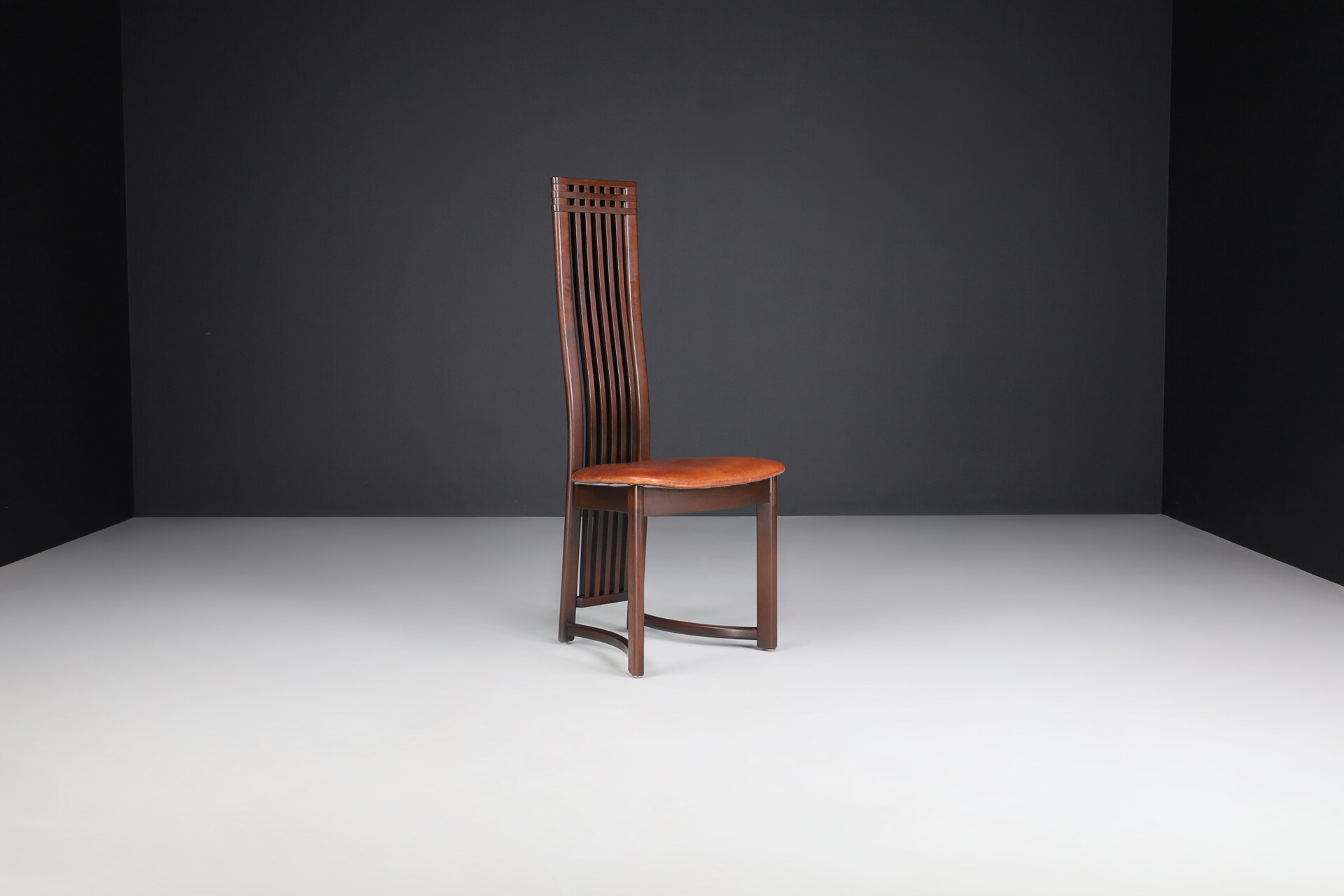 Modern Mahogany and cognac leather high back chairs , Italy 1970s Mid-20th century