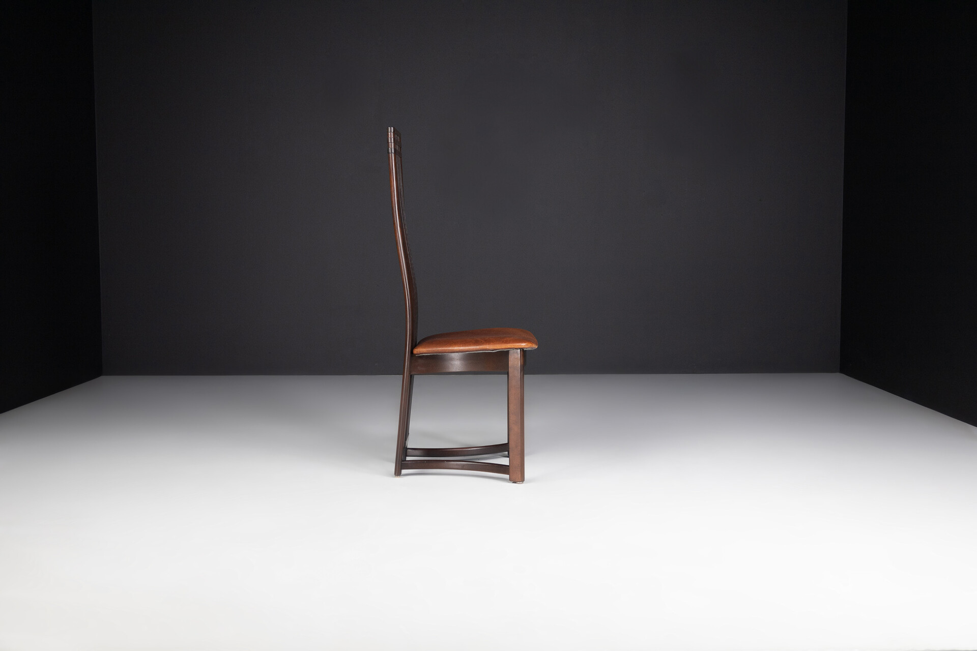 Modern Mahogany and cognac leather high back chairs , Italy 1970s Mid-20th century