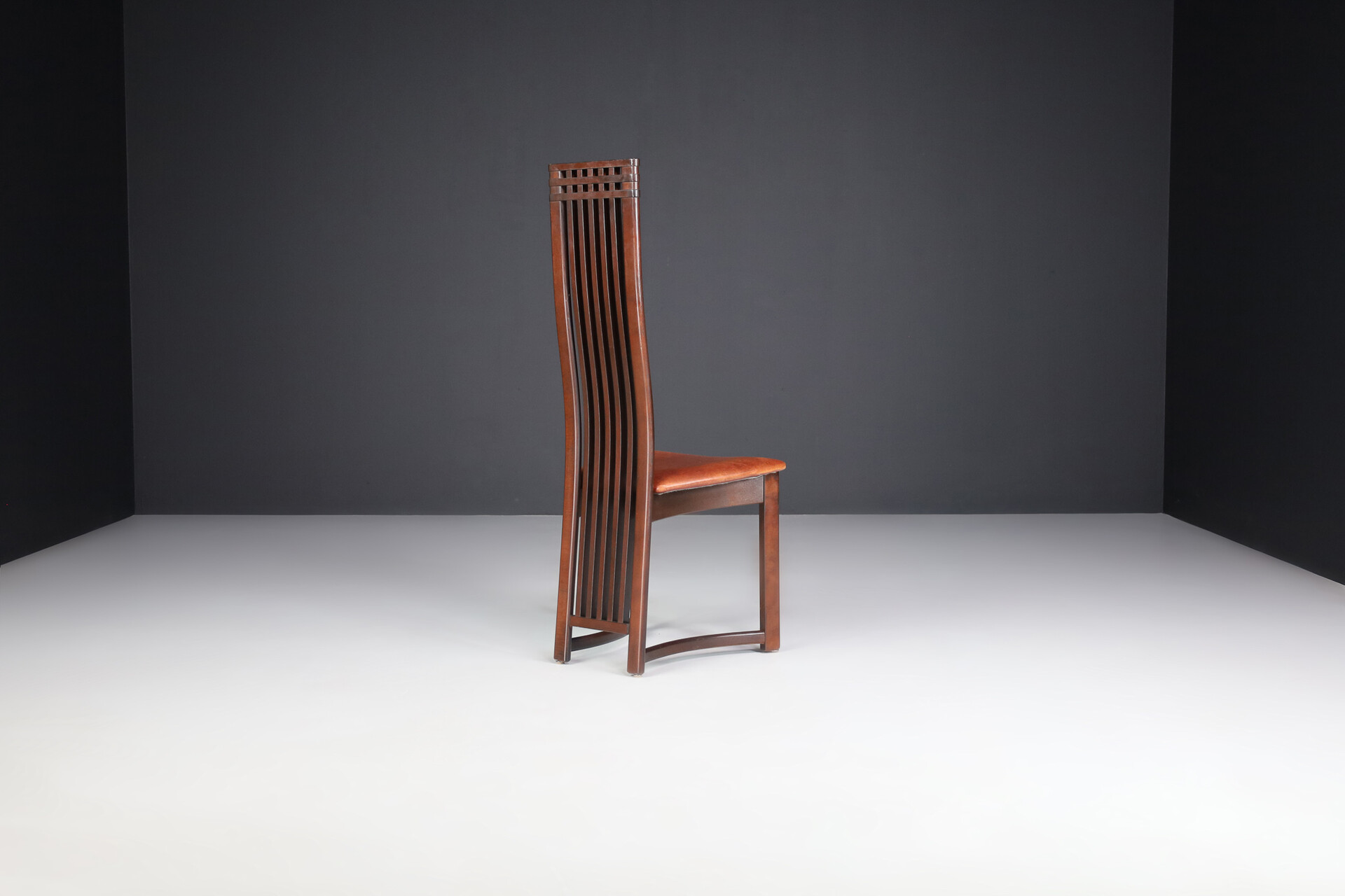 Modern Mahogany and cognac leather high back chairs , Italy 1970s Mid-20th century