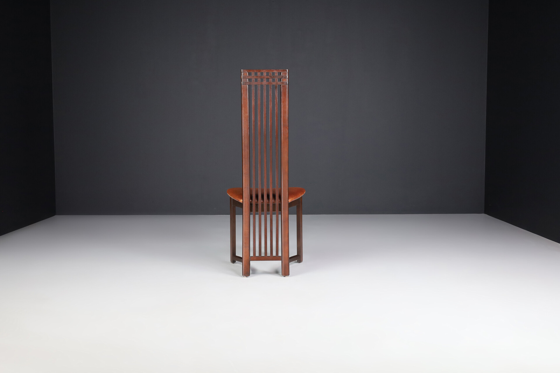 Modern Mahogany and cognac leather high back chairs , Italy 1970s Mid-20th century