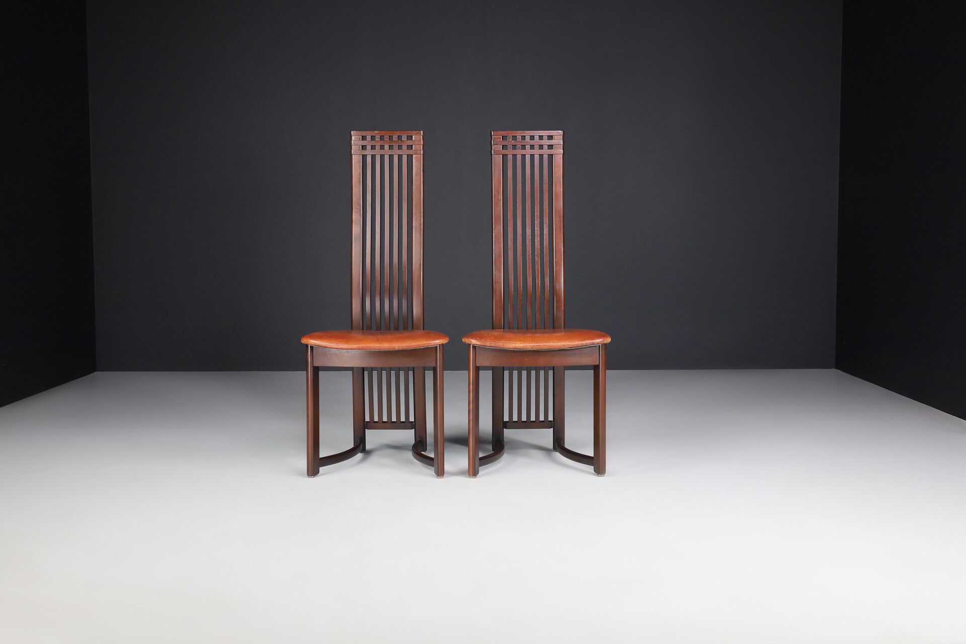 Modern Mahogany and cognac leather high back chairs , Italy 1970s Mid-20th century