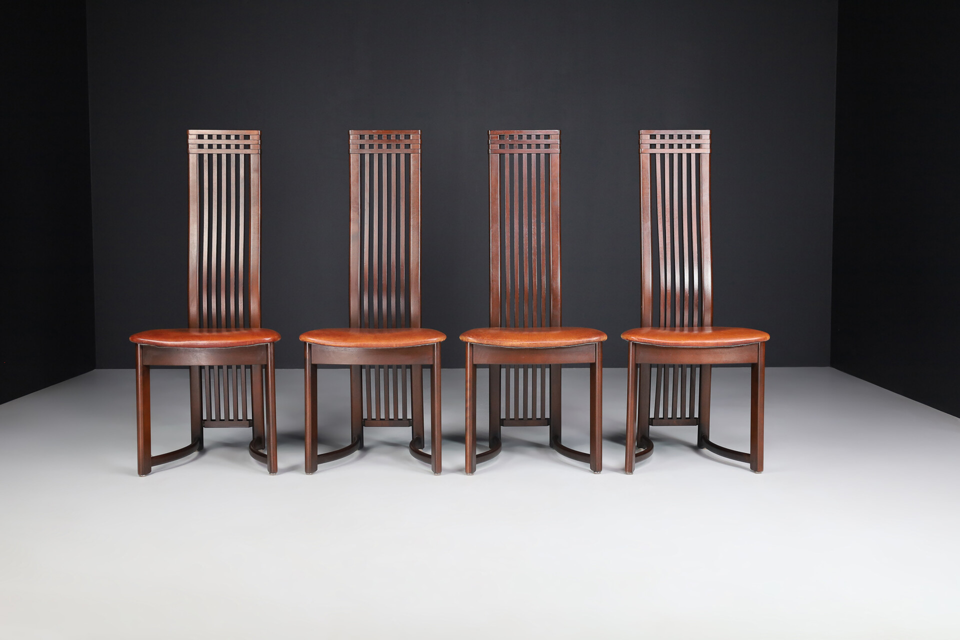 Modern Mahogany and cognac leather high back chairs , Italy 1970s Mid-20th century
