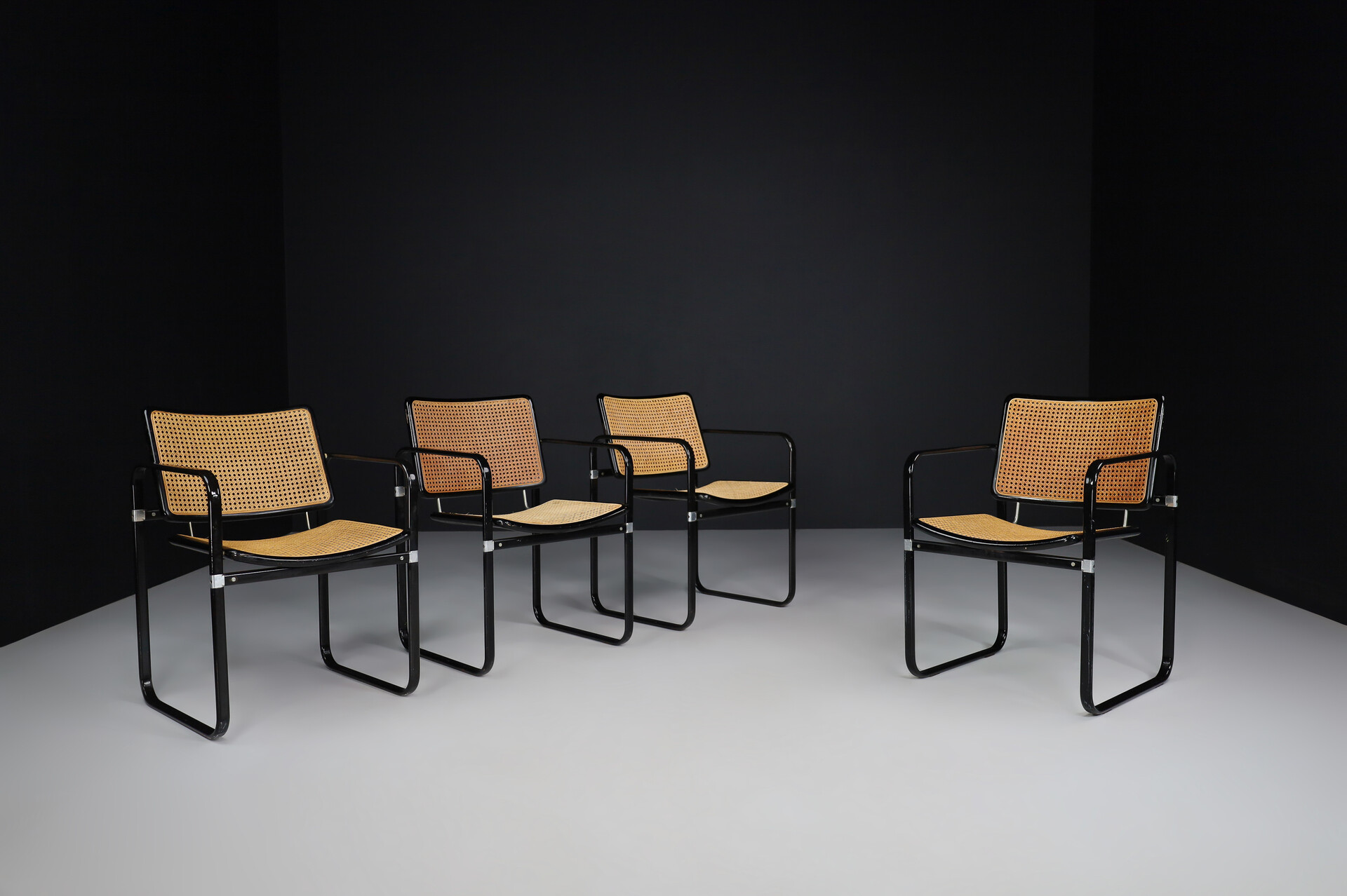 Modern Metal and cane armchairs, Italy 1980s Late-20th century
