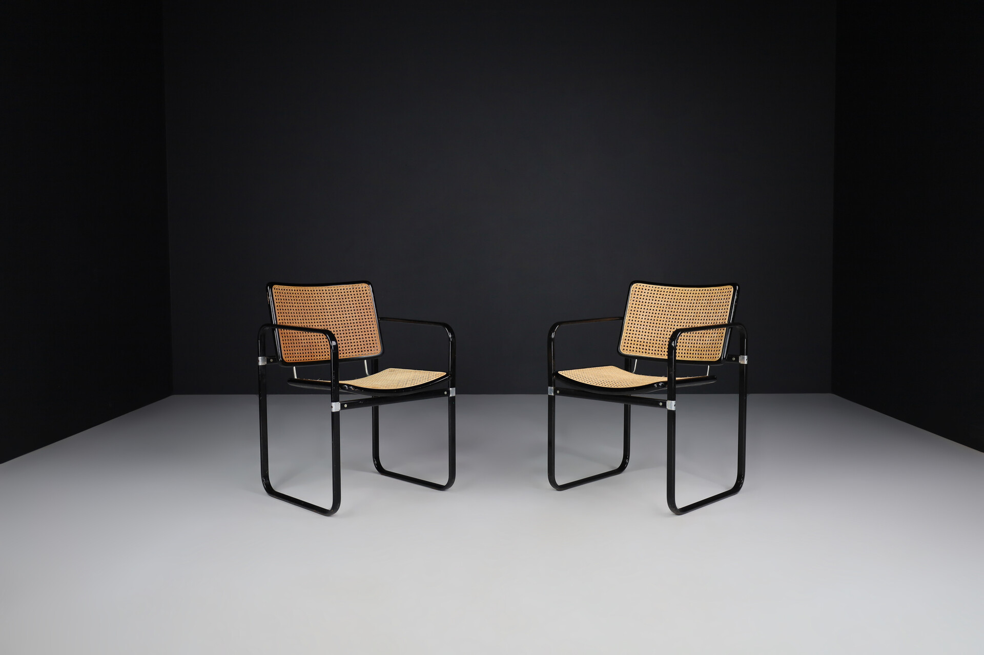 Modern Metal and cane armchairs, Italy 1980s Late-20th century