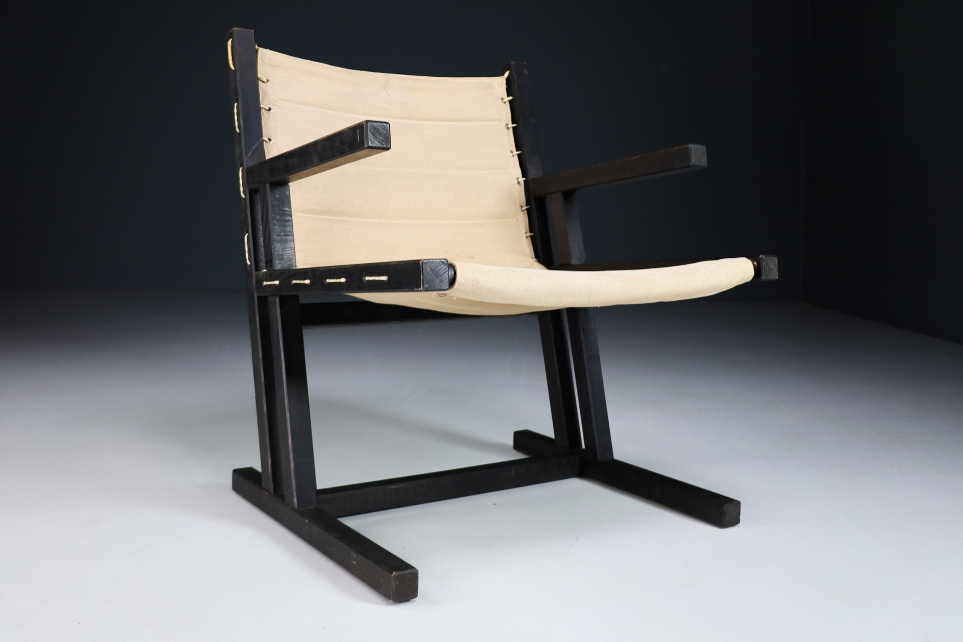 Modern Minimalist Dutch arm chairs in painted wood and linnen , The Netherlands 1970s Late-20th century