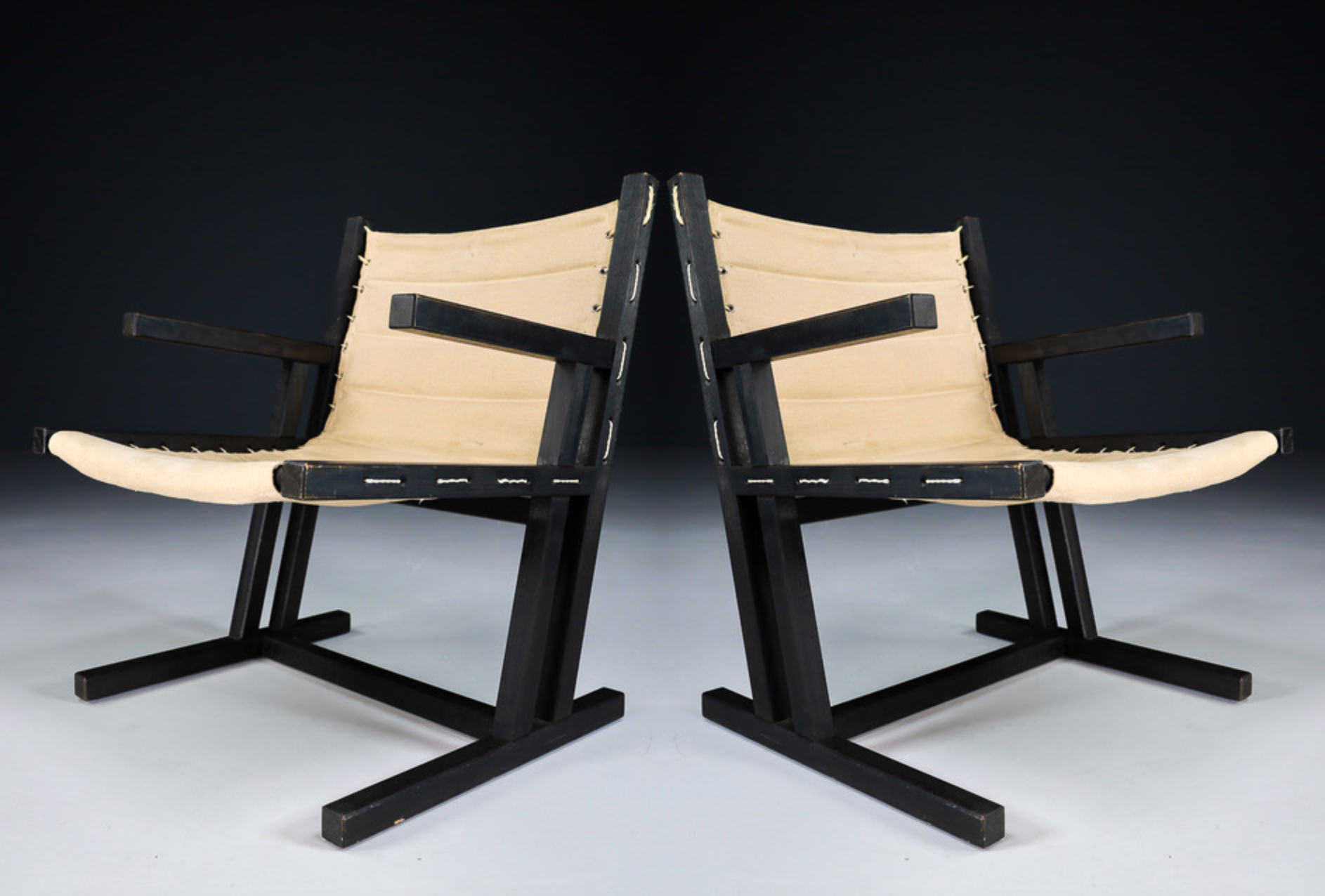 Modern Minimalist Dutch arm chairs in painted wood and linnen , The Netherlands 1970s Late-20th century