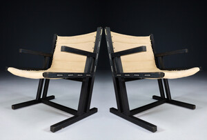 Modern Minimalist Dutch arm chairs in painted wood and linnen , The Netherlands 1970s Late-20th century