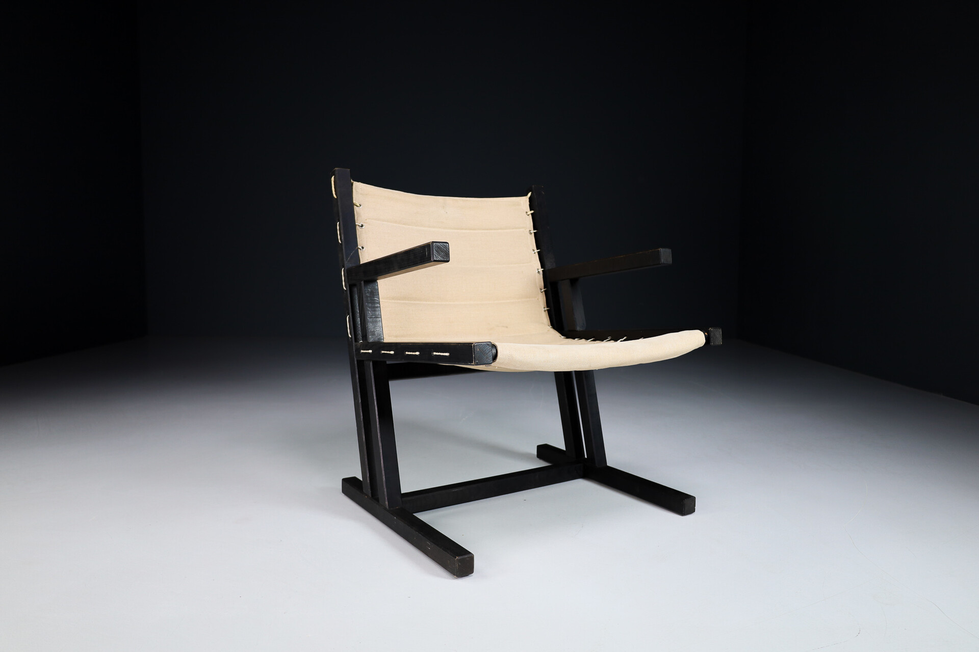 Modern Minimalist Dutch arm chairs in painted wood and linnen , The Netherlands 1970s Late-20th century