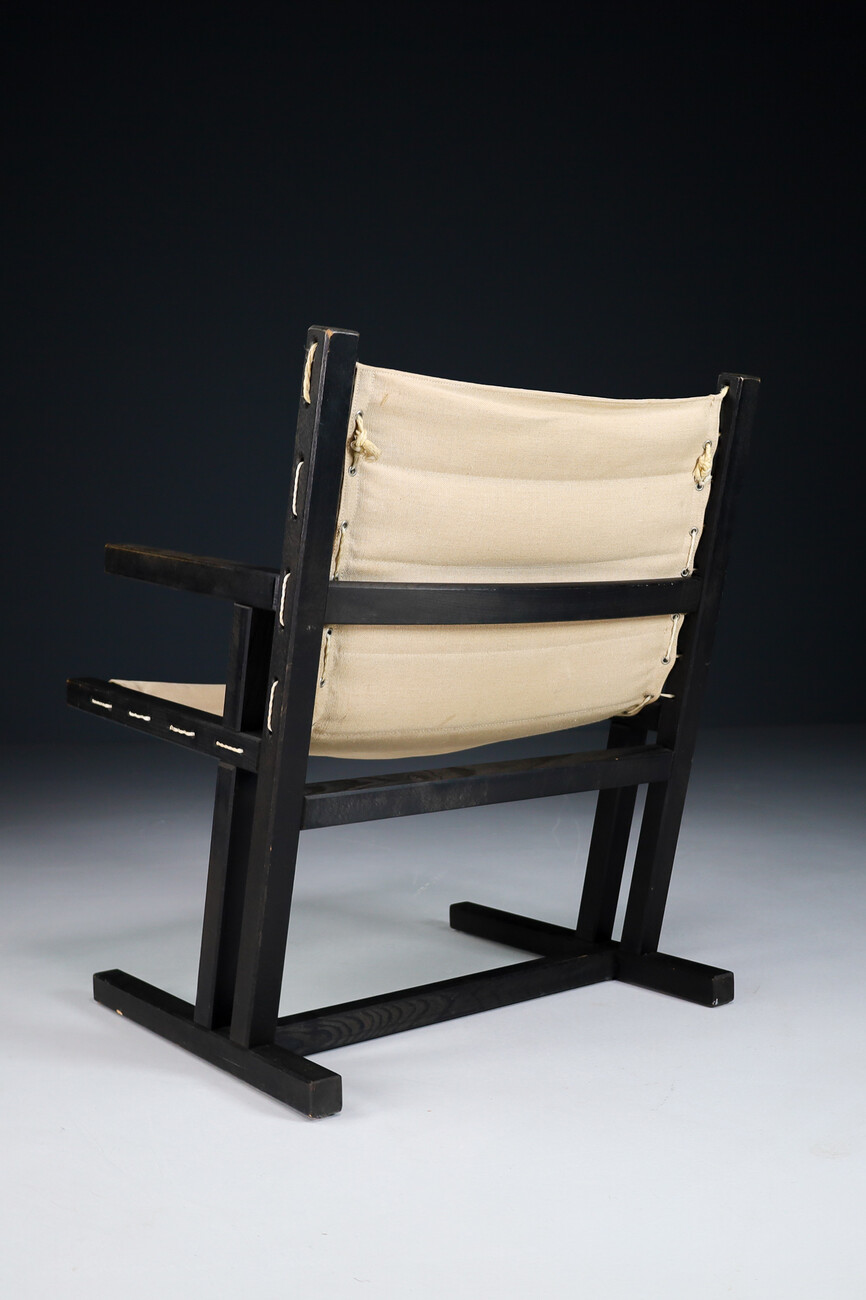 Modern Minimalist Dutch arm chairs in painted wood and linnen , The Netherlands 1970s Late-20th century