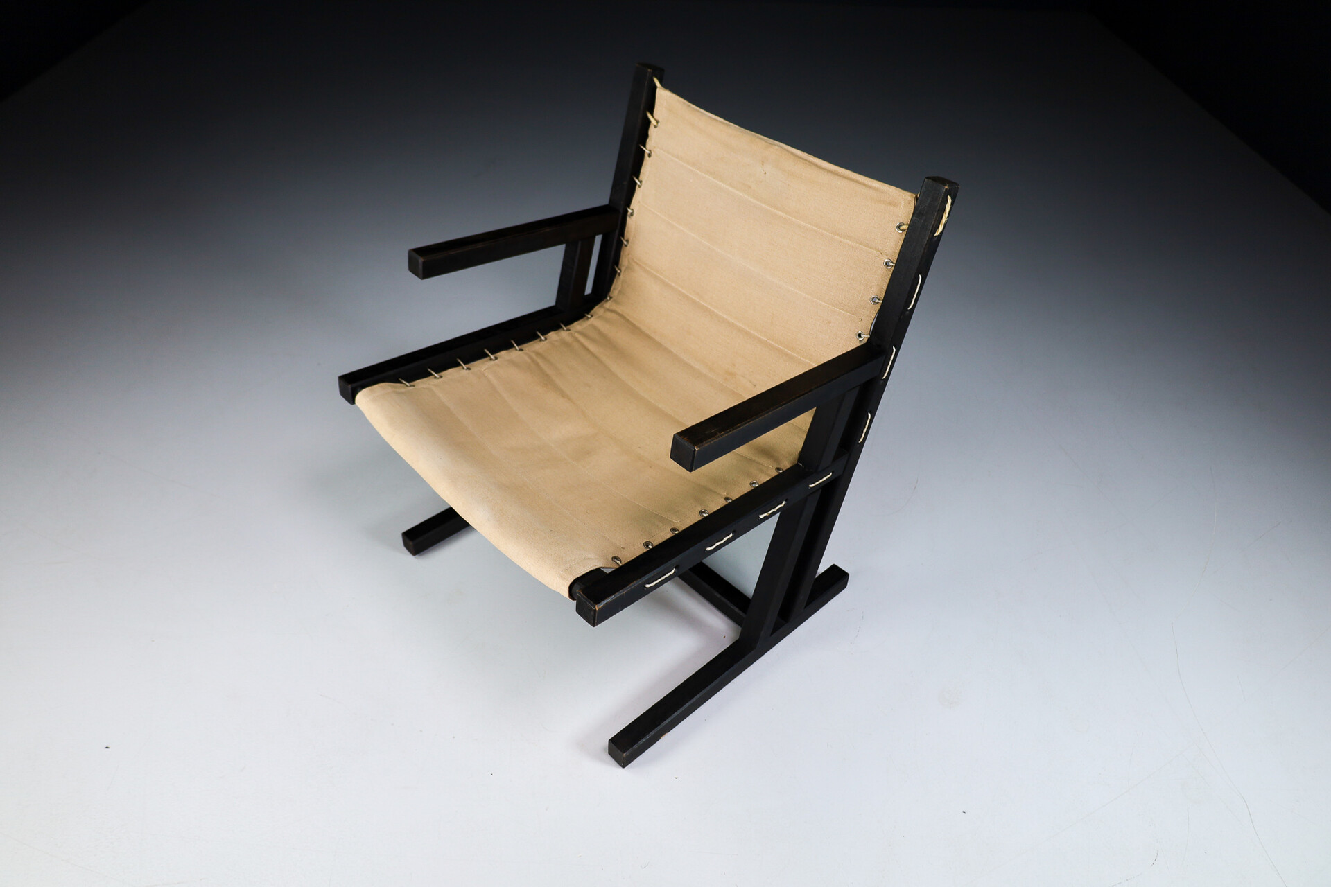 Modern Minimalist Dutch arm chairs in painted wood and linnen , The Netherlands 1970s Late-20th century