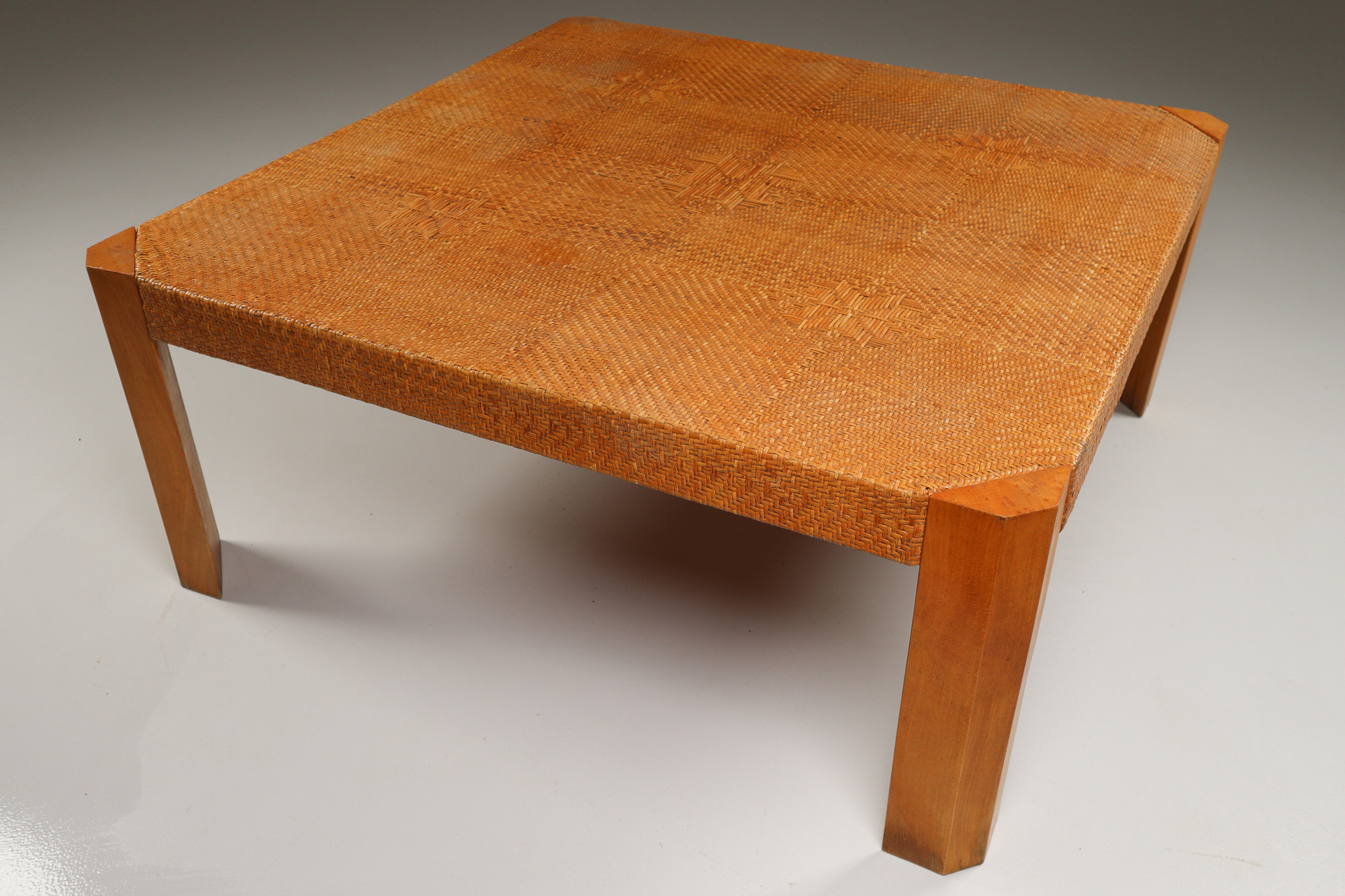 Modern Monumental  Rattan and Wood Coffee Table Mid-20th century