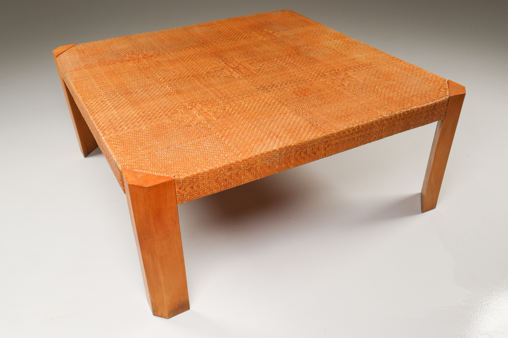 Modern Monumental  Rattan and Wood Coffee Table Mid-20th century