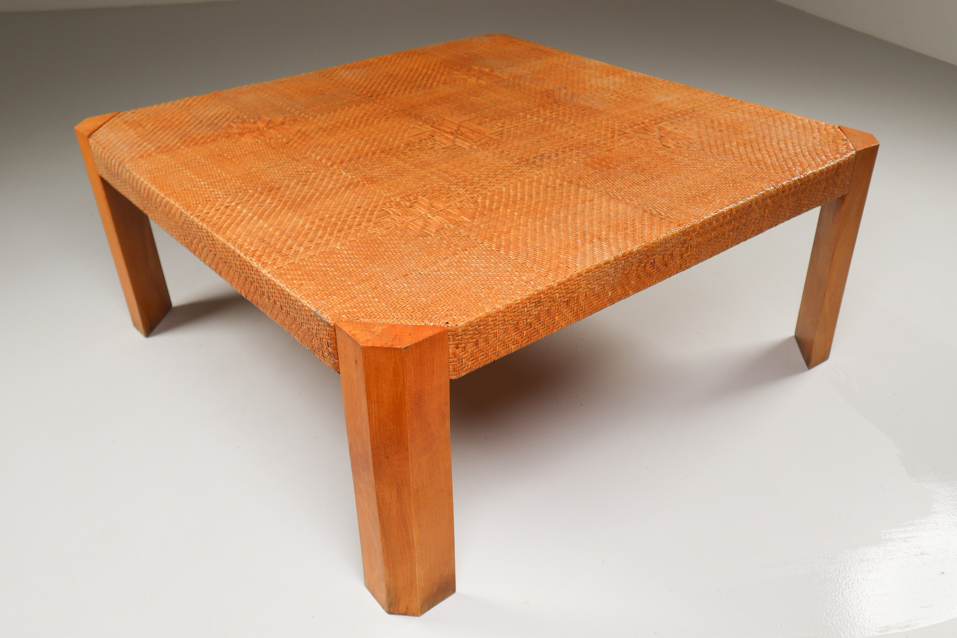 Modern Monumental  Rattan and Wood Coffee Table Mid-20th century