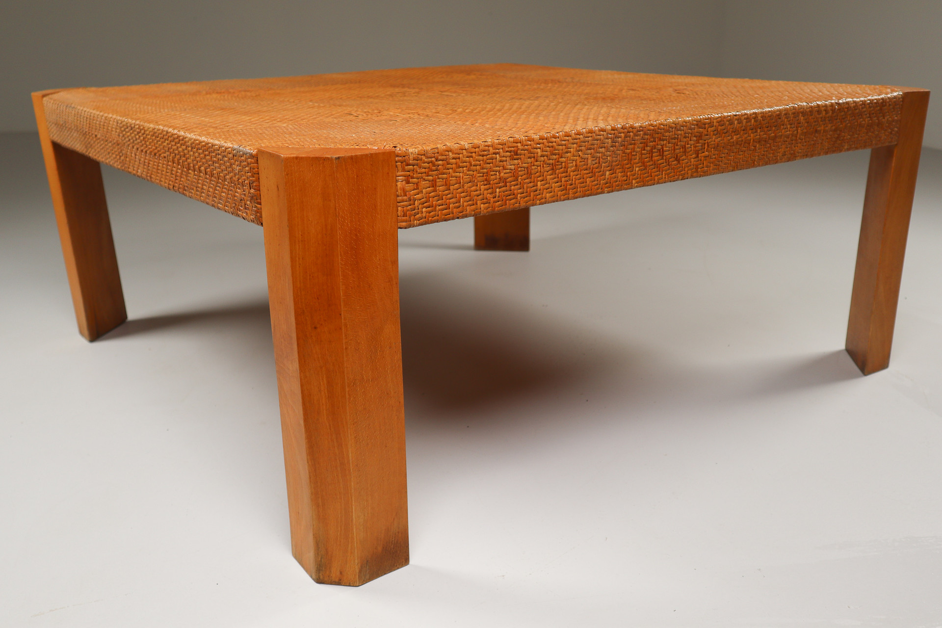 Modern Monumental  Rattan and Wood Coffee Table Mid-20th century