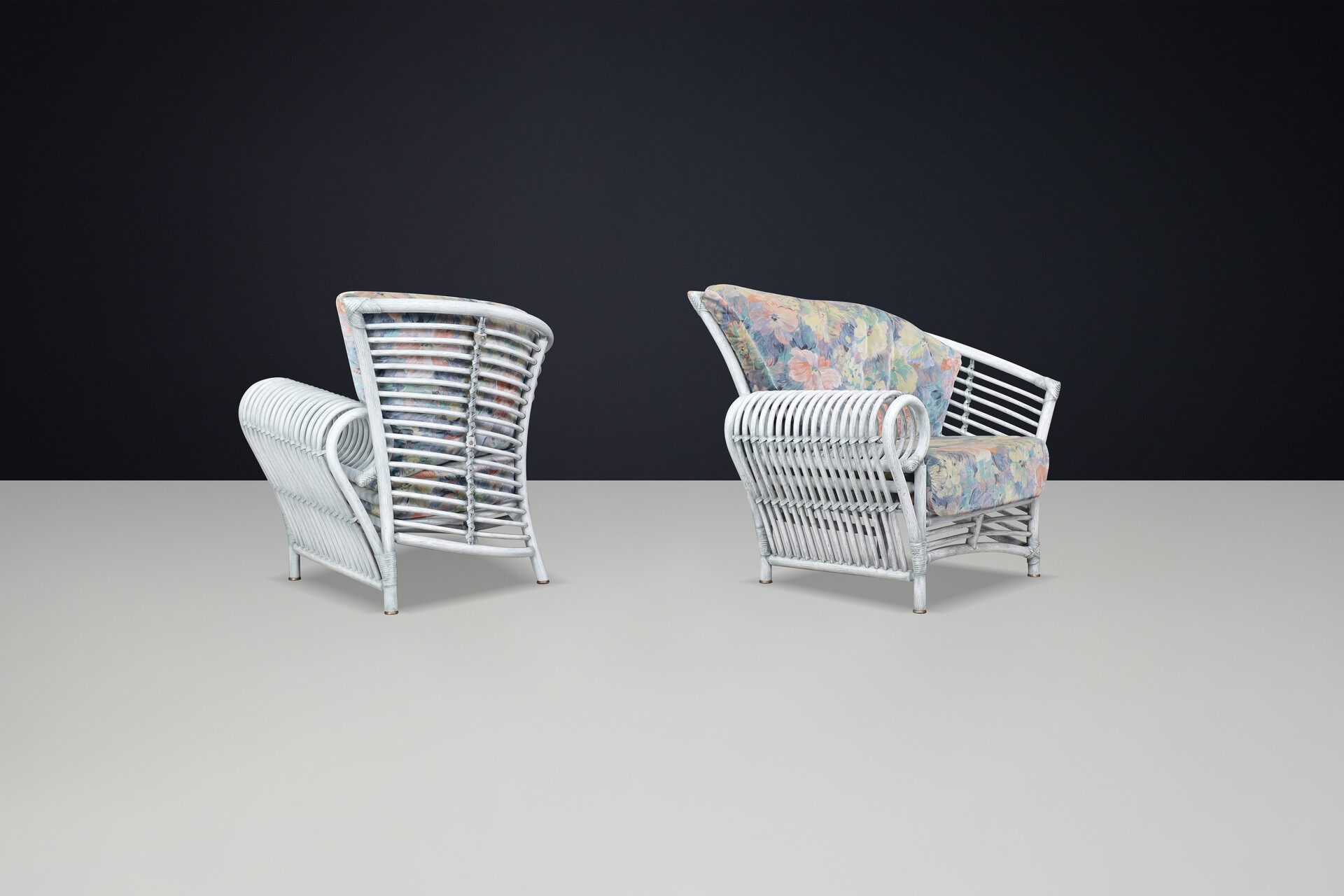 Modern Rattan, Bambo and original fabric Lounge chairs By Flechtatelier Schütz Germany ,1980s Late-20th century