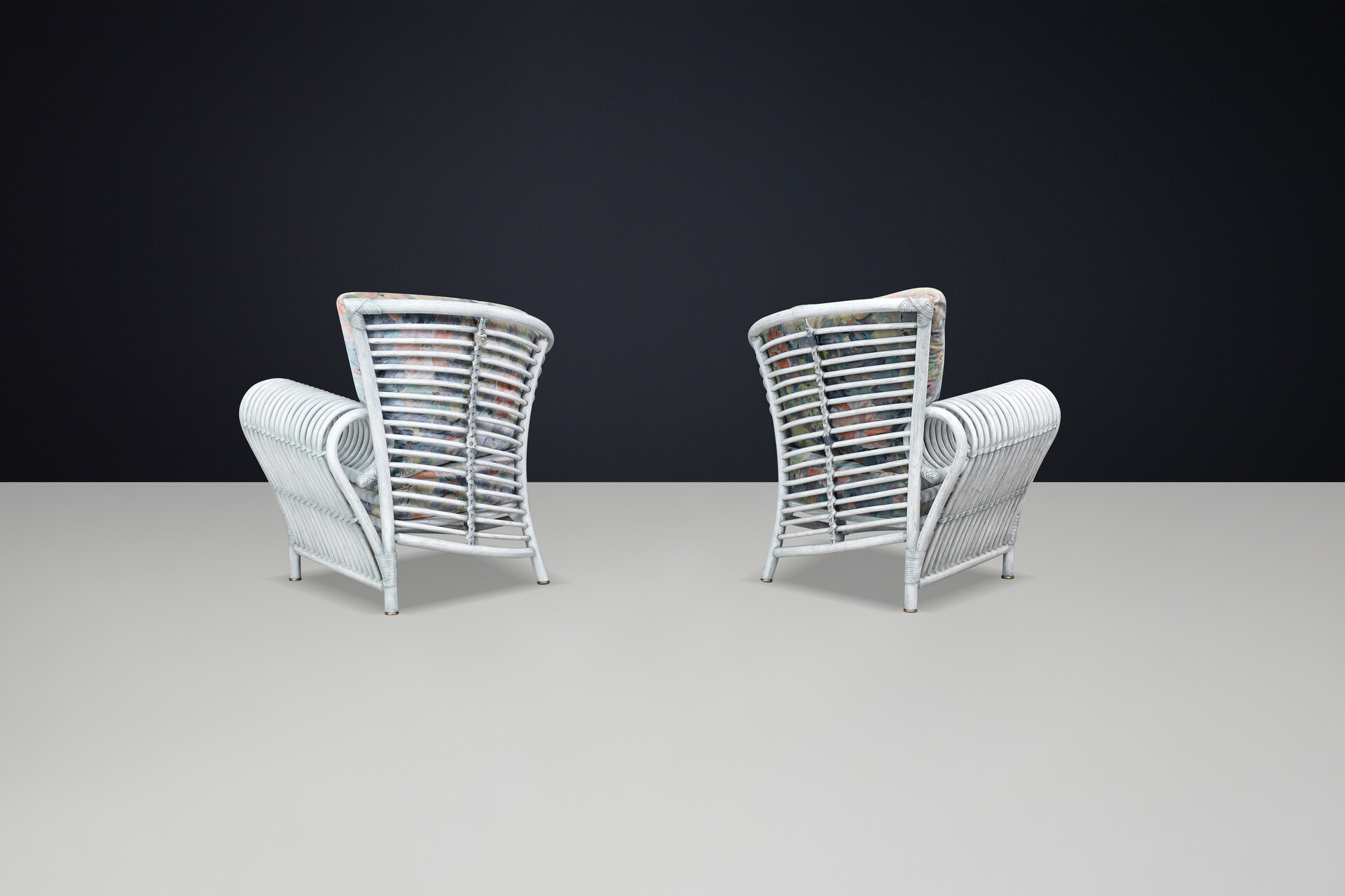 Modern Rattan, Bambo and original fabric Lounge chairs By Flechtatelier Schütz Germany ,1980s Late-20th century