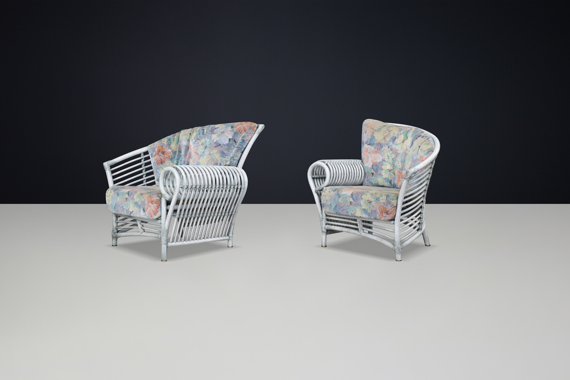 Modern Rattan, Bambo and original fabric Lounge chairs By Flechtatelier Schütz Germany ,1980s Late-20th century