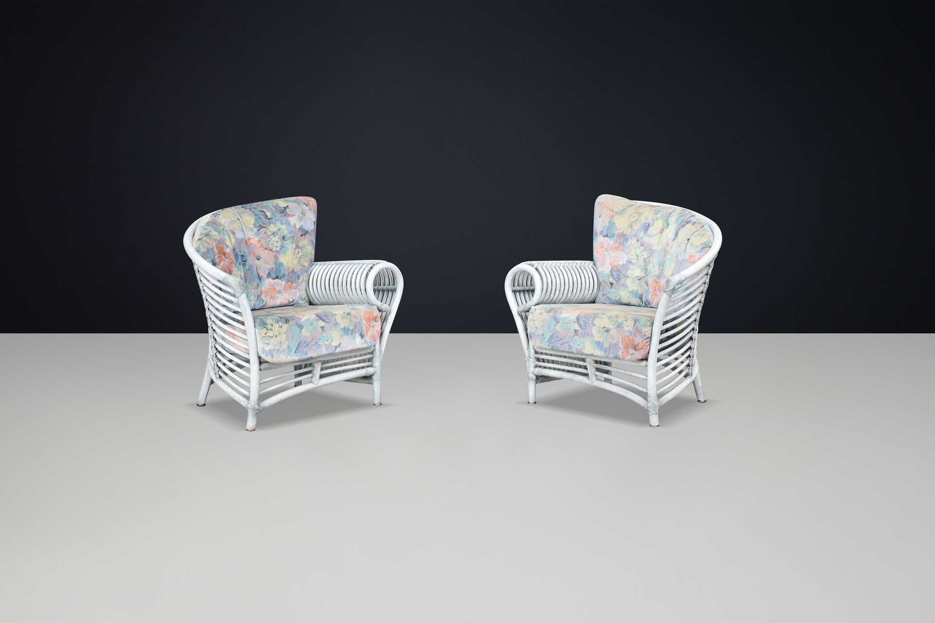 Modern Rattan, Bambo and original fabric Lounge chairs By Flechtatelier Schütz Germany ,1980s Late-20th century