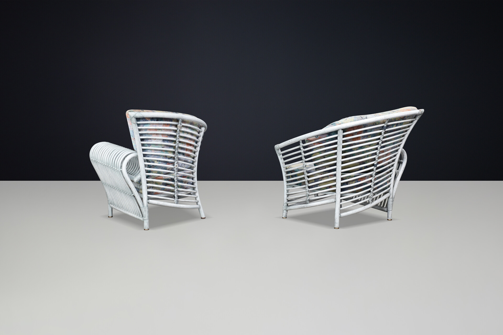 Modern Rattan, Bambo and original fabric Lounge chairs By Flechtatelier Schütz Germany ,1980s Late-20th century