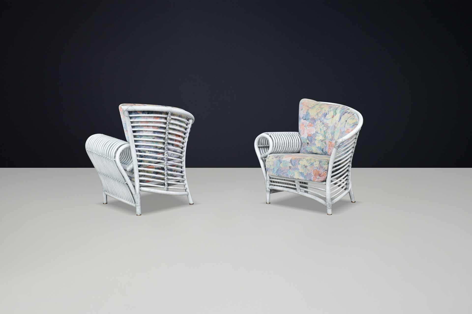 Modern Rattan, Bambo and original fabric Lounge chairs By Flechtatelier Schütz Germany ,1980s Late-20th century