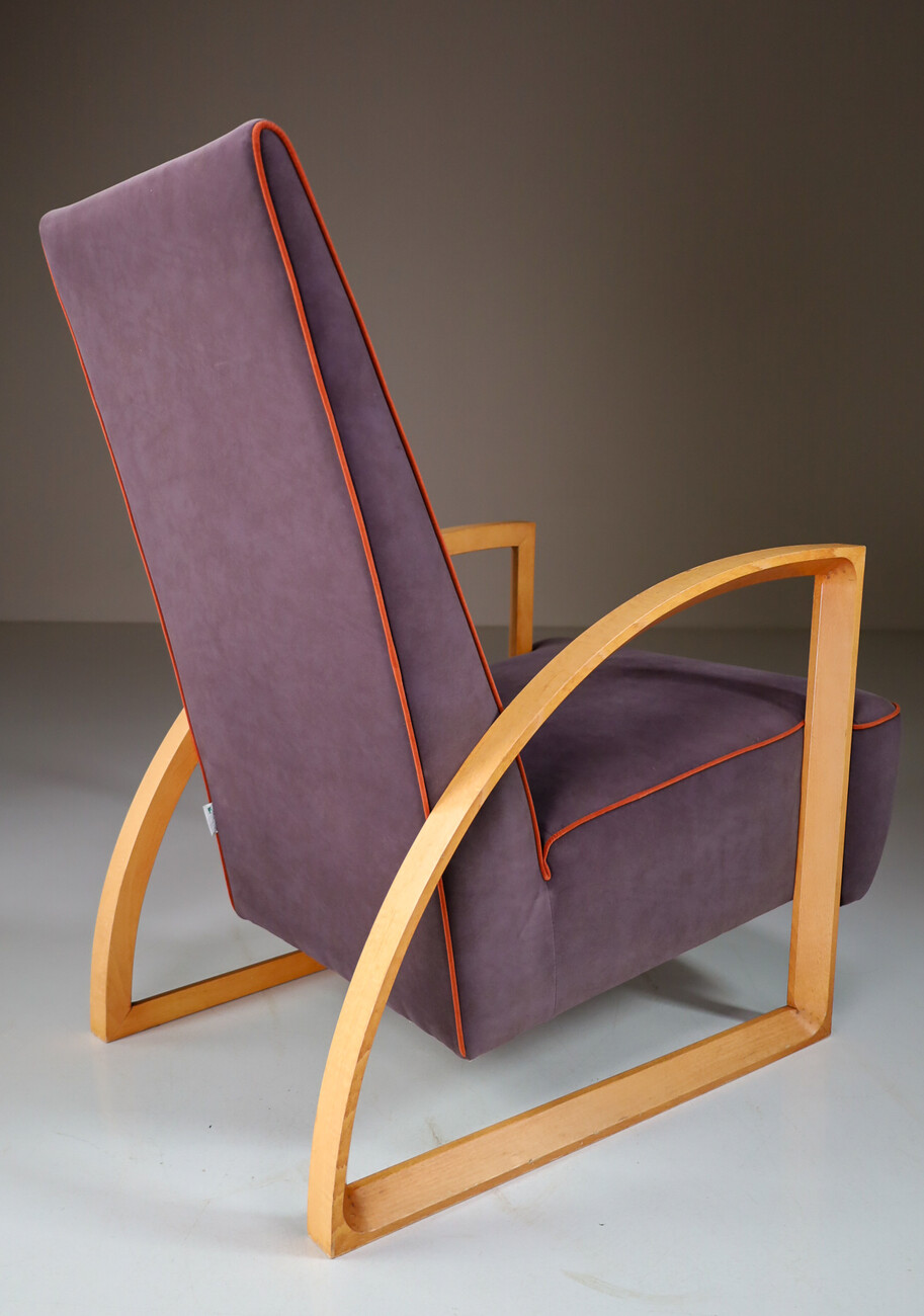 Modern Set/2 Dutch Design Arm chairs in oak and velours , The Netherlands Late-20th century