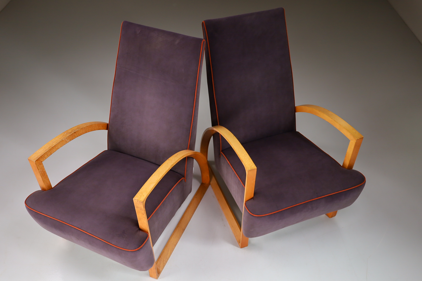 Modern Set/2 Dutch Design Arm chairs in oak and velours , The Netherlands Late-20th century