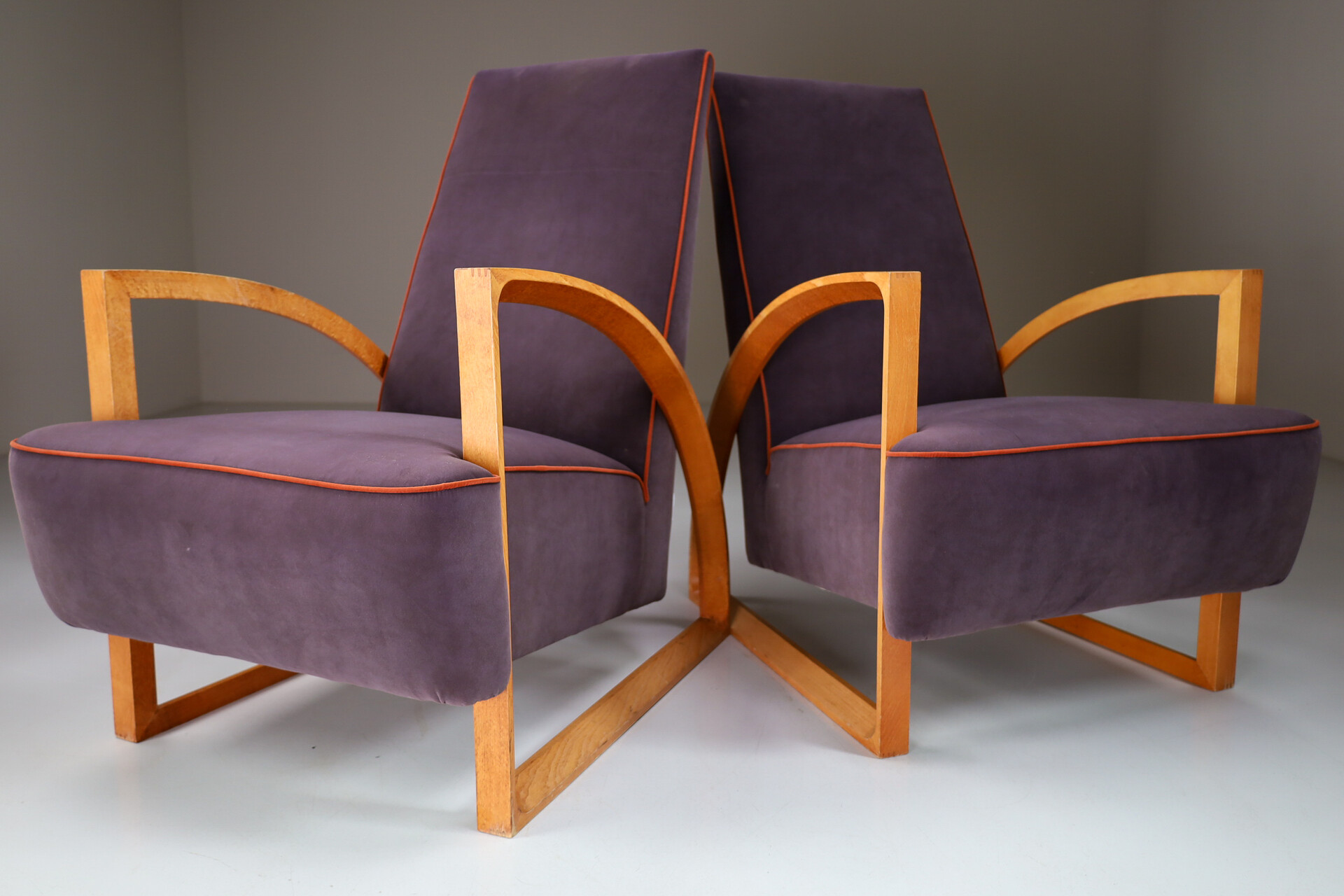 Modern Set/2 Dutch Design Arm chairs in oak and velours , The Netherlands Late-20th century