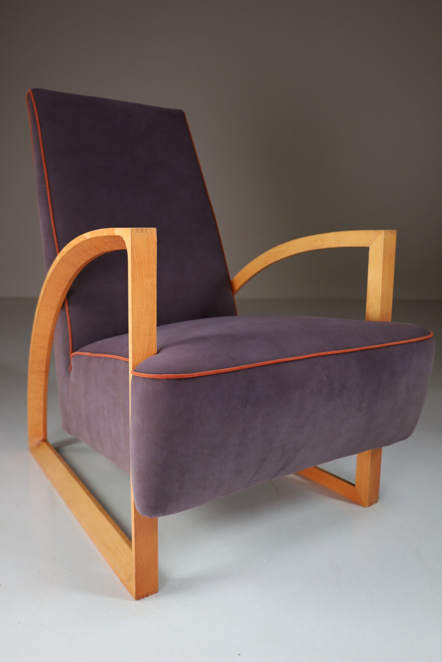 Modern Set/2 Dutch Design Arm chairs in oak and velours , The Netherlands Late-20th century