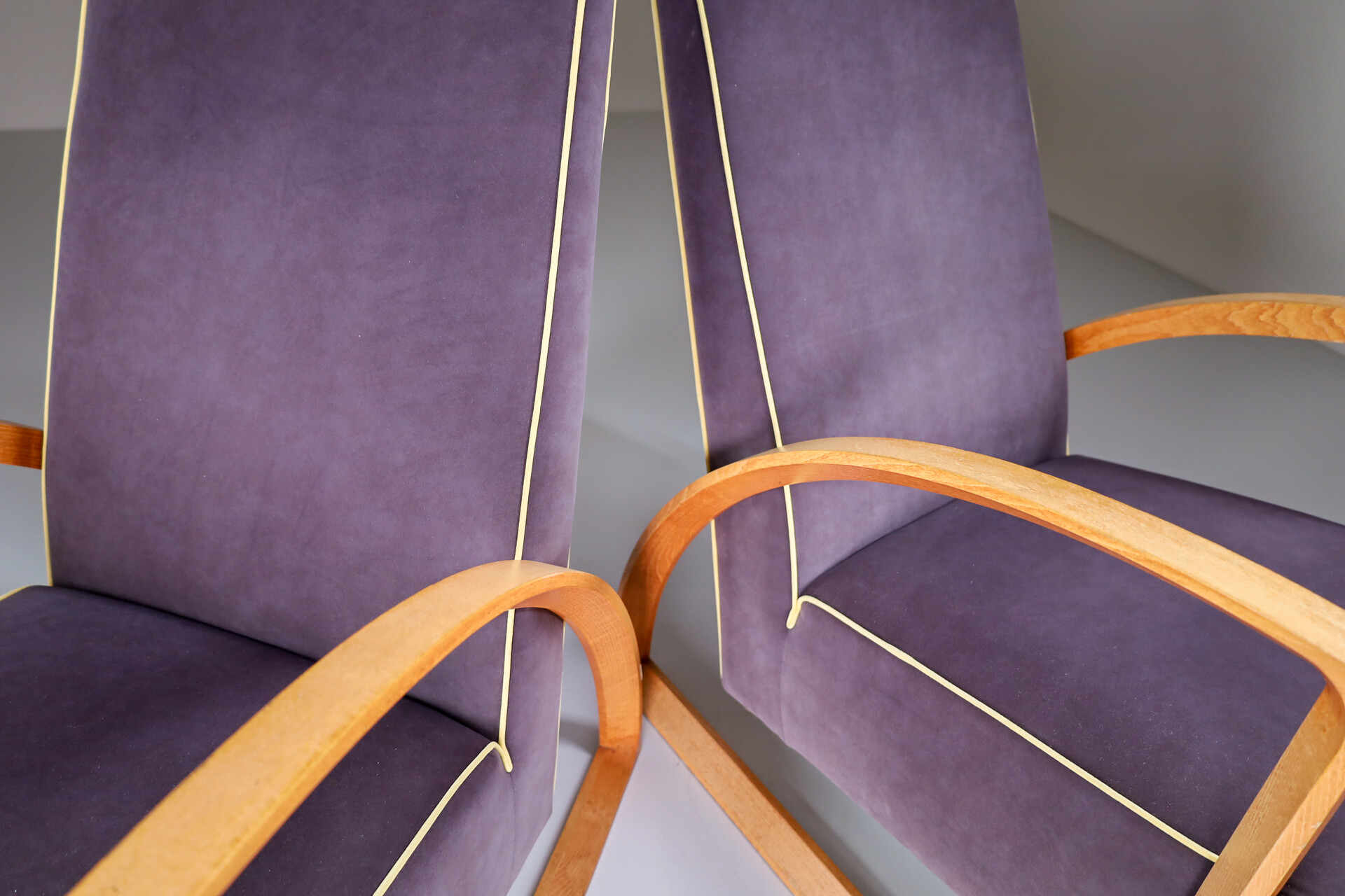 Modern Set/2 Dutch Design Arm chairs in oak and velours , The Netherlands Late-20th century