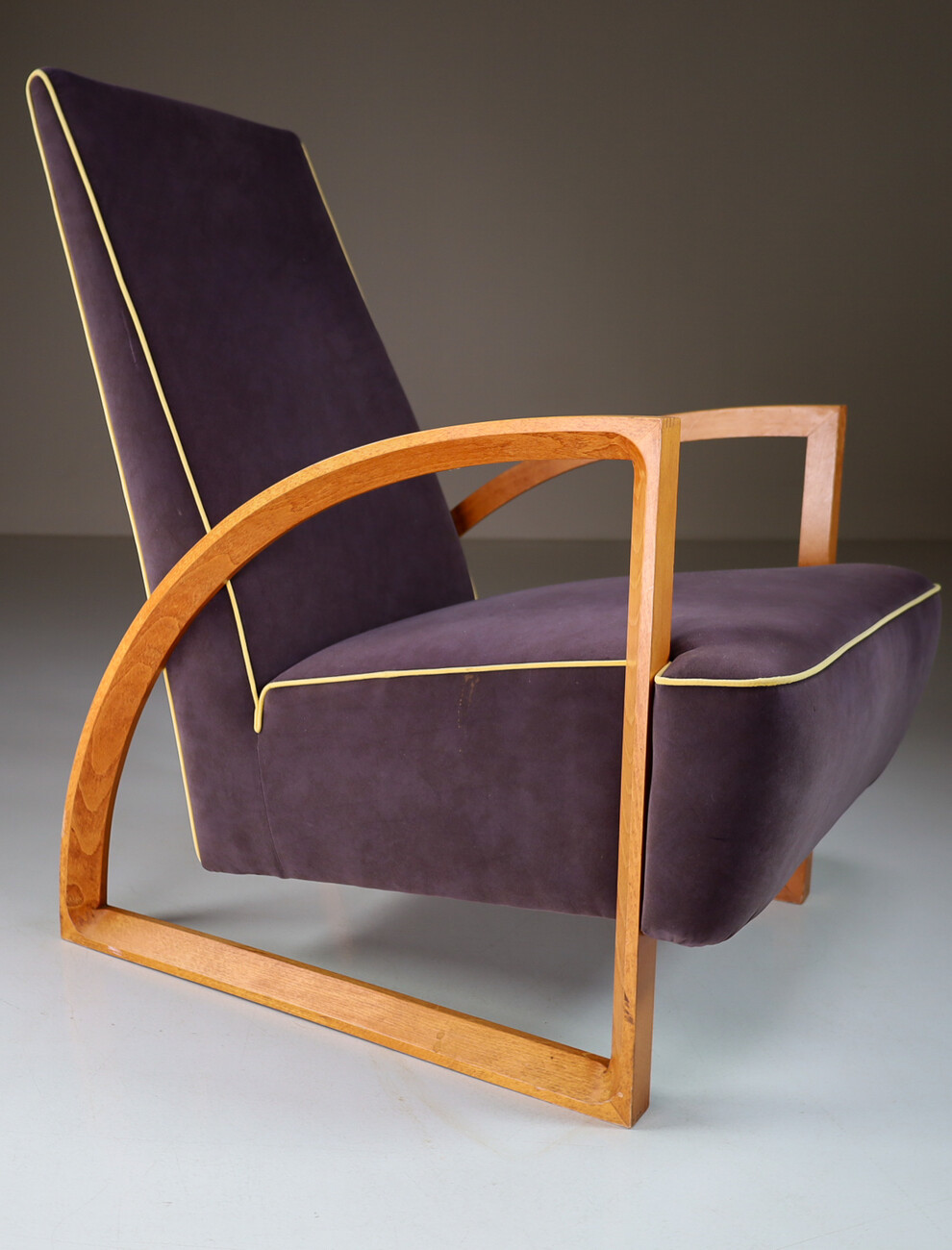Modern Set/2 Dutch Design Arm chairs in oak and velours , The Netherlands Late-20th century
