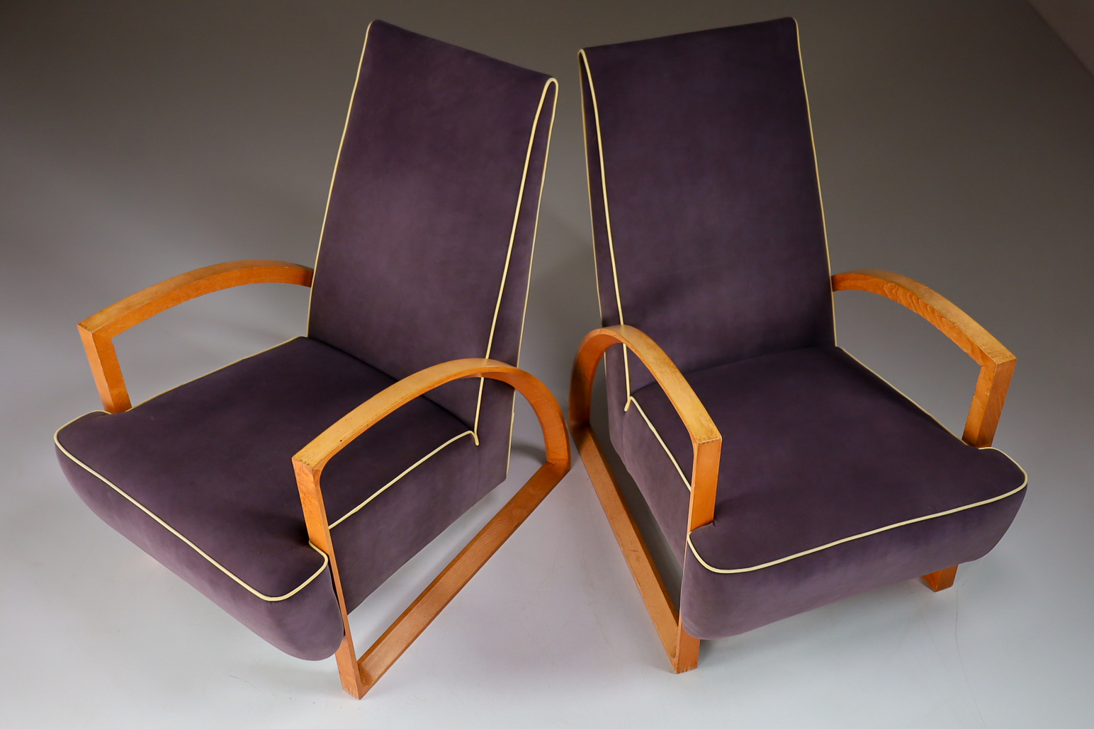 Modern Set/2 Dutch Design Arm chairs in oak and velours , The Netherlands Late-20th century