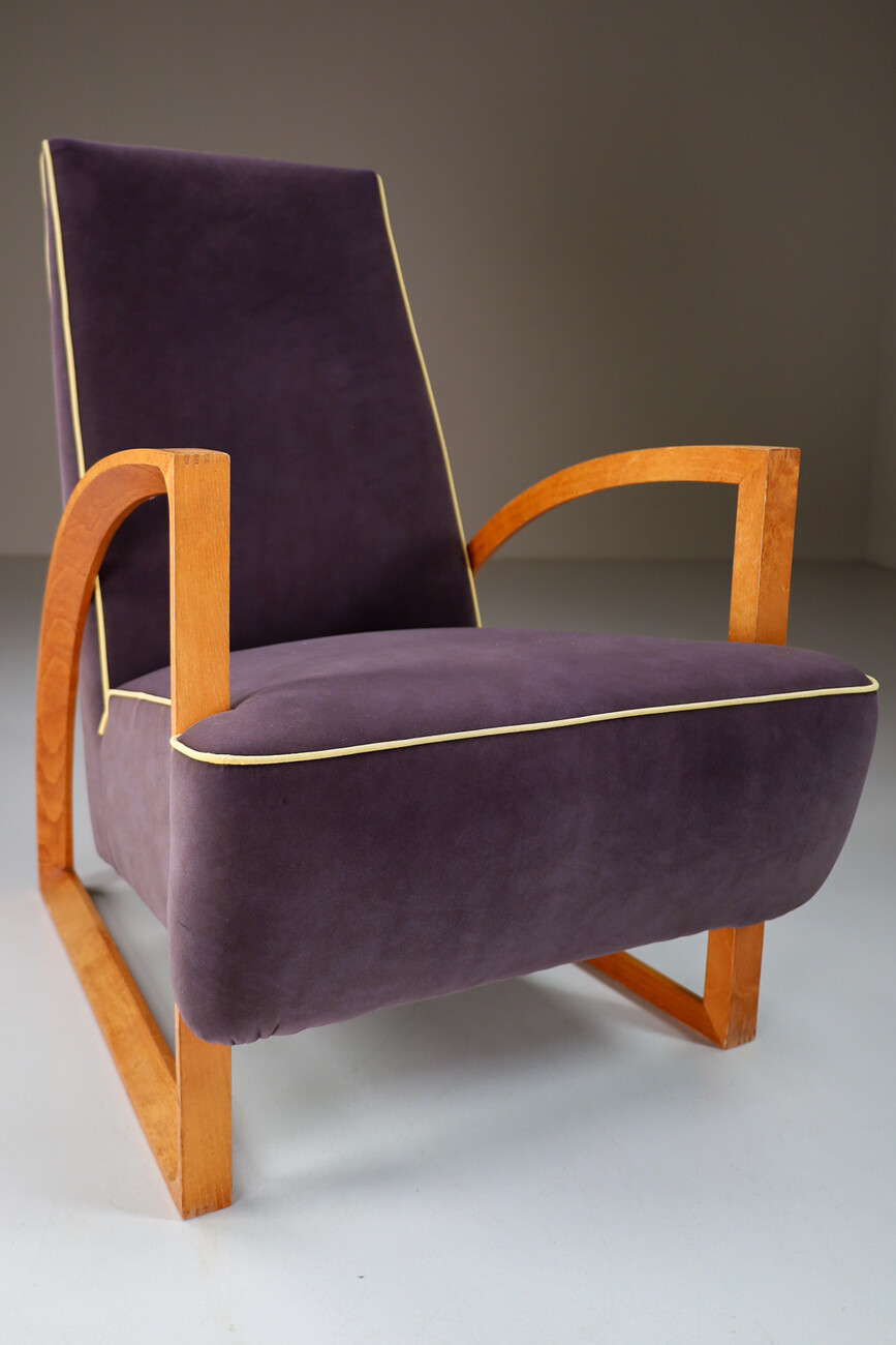 Modern Set/2 Dutch Design Arm chairs in oak and velours , The Netherlands Late-20th century