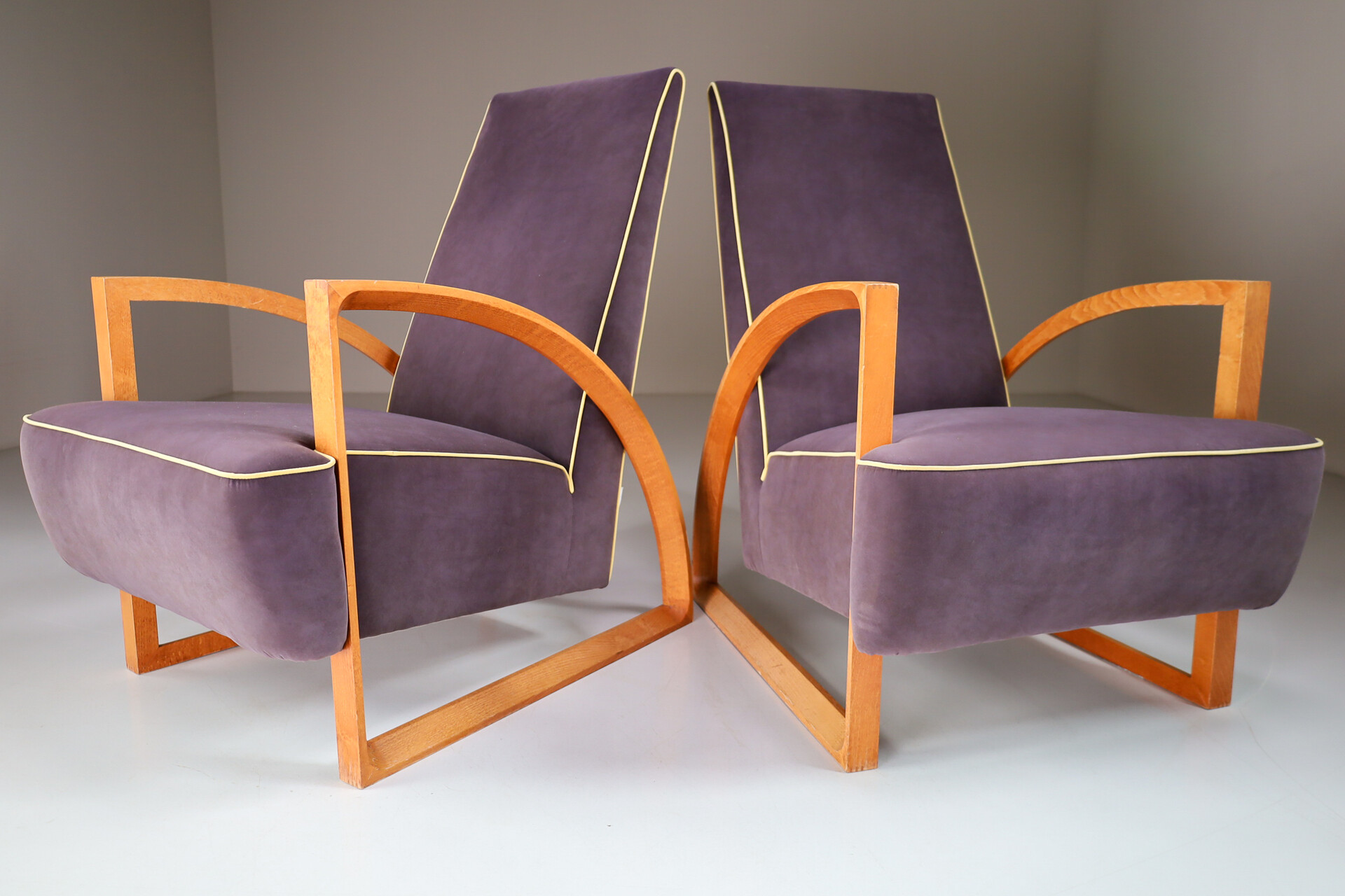 Modern Set/2 Dutch Design Arm chairs in oak and velours , The Netherlands Late-20th century