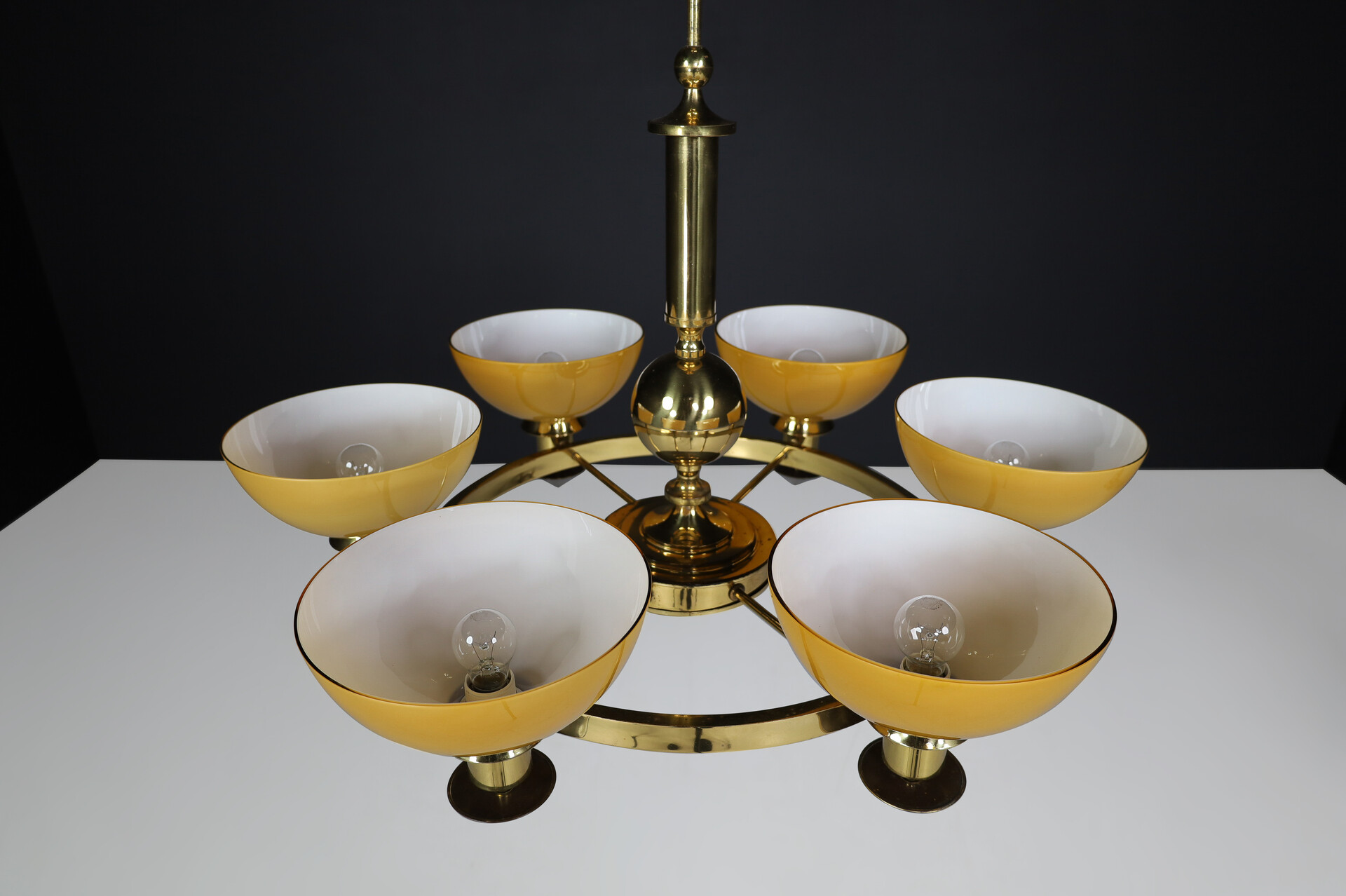Modern XL Bras and Amber/ Gold opaline glass Chandeliers, Italy 1970s  Late-20th century - Chandeliers - Lighting - Davidowski