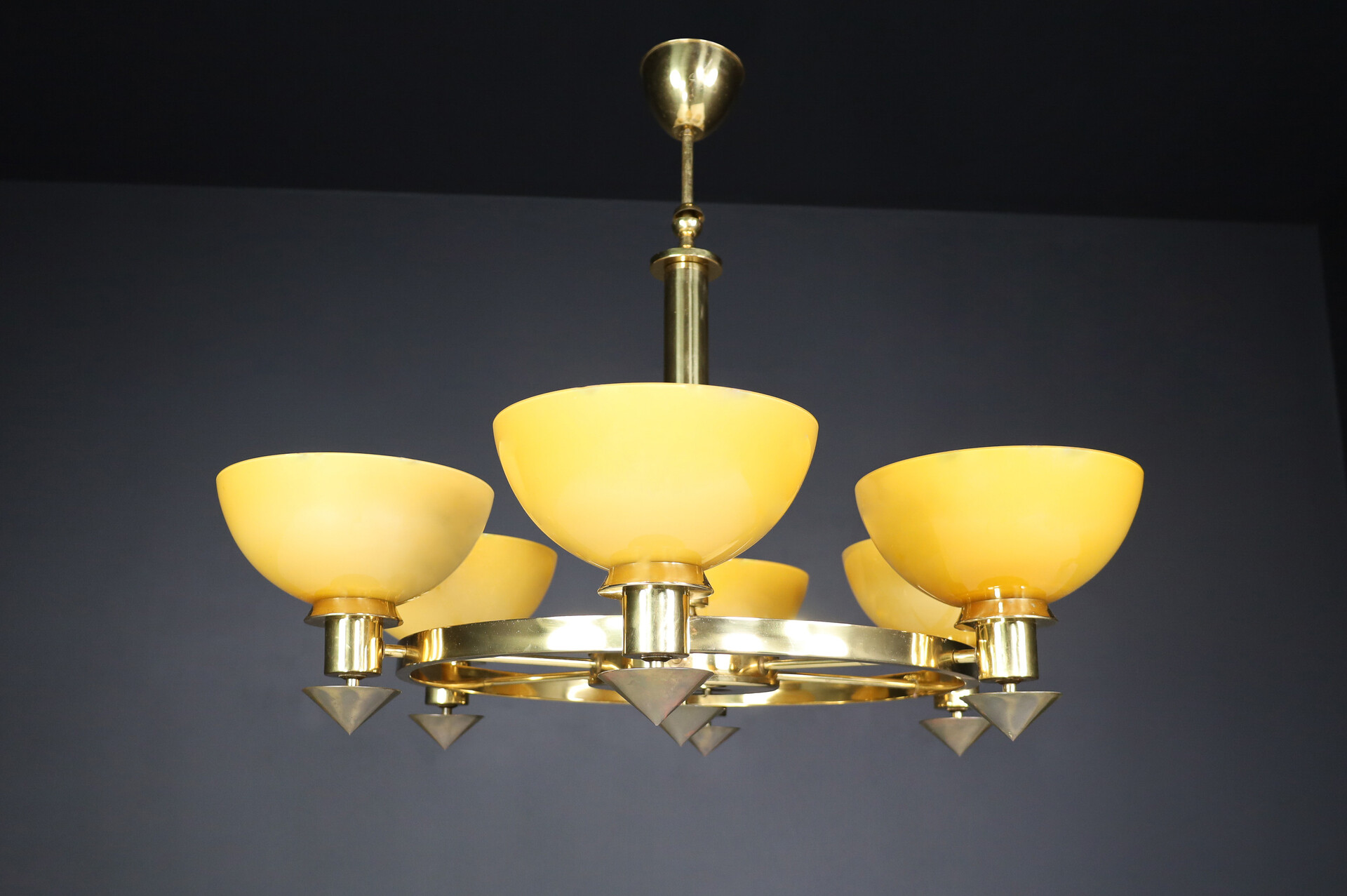 Modern XL Bras and Amber/ Gold opaline glass Chandeliers, Italy 1970s  Late-20th century - Chandeliers - Lighting - Davidowski