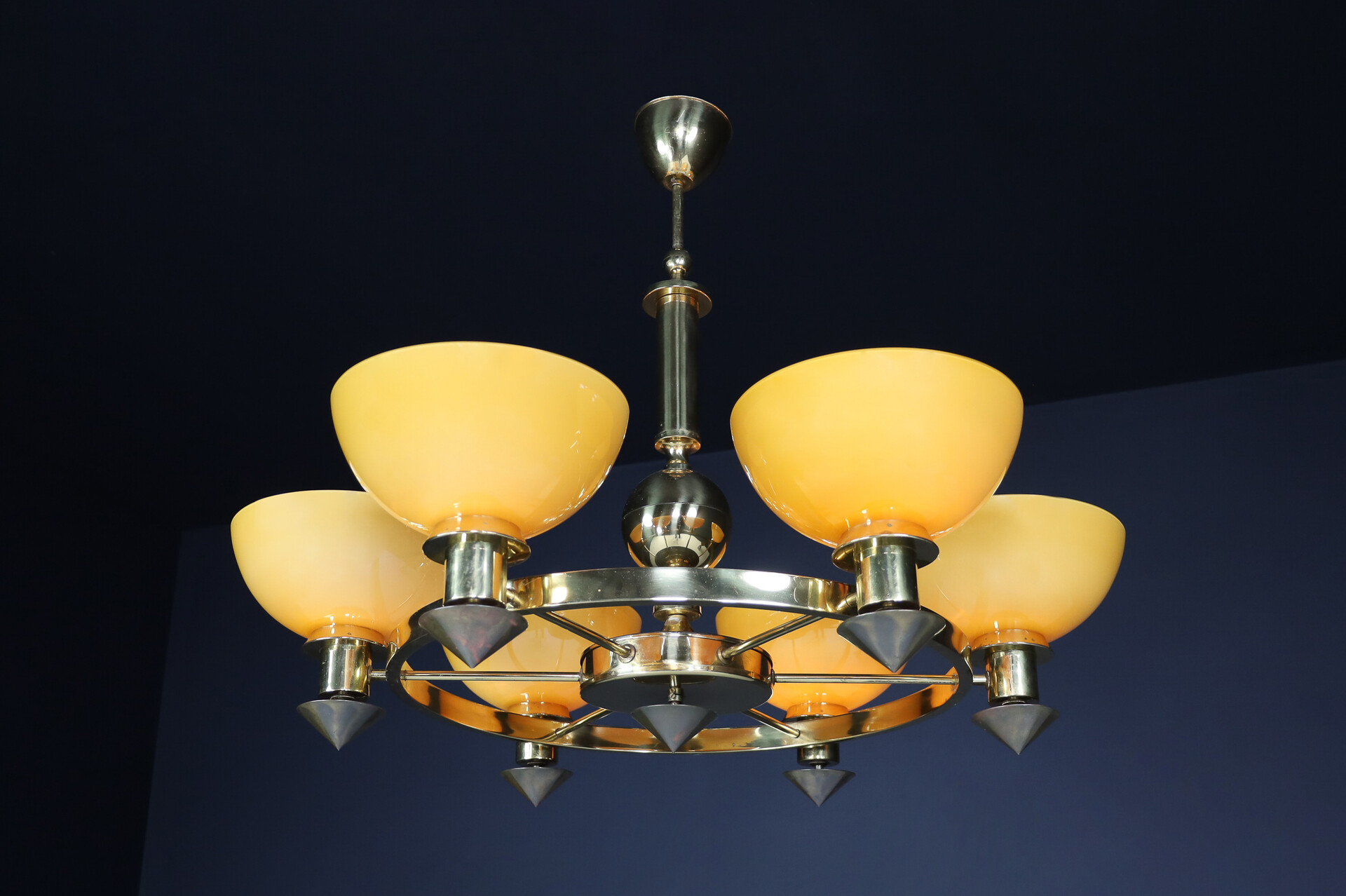 Modern XL Bras and  Amber/ Gold opaline glass Chandeliers, Italy 1970s Late-20th century