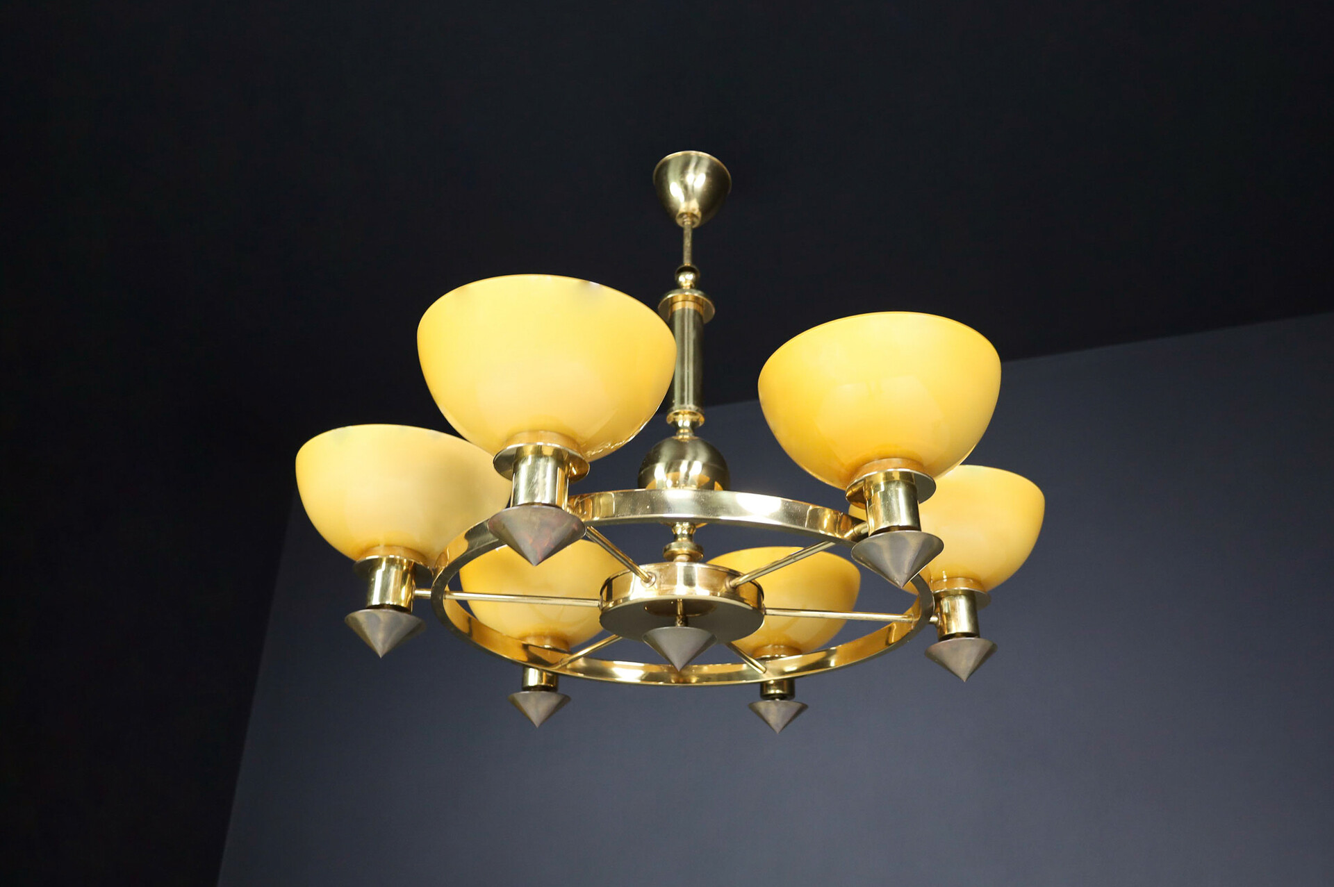 Modern XL Bras and  Amber/ Gold opaline glass Chandeliers, Italy 1970s Late-20th century
